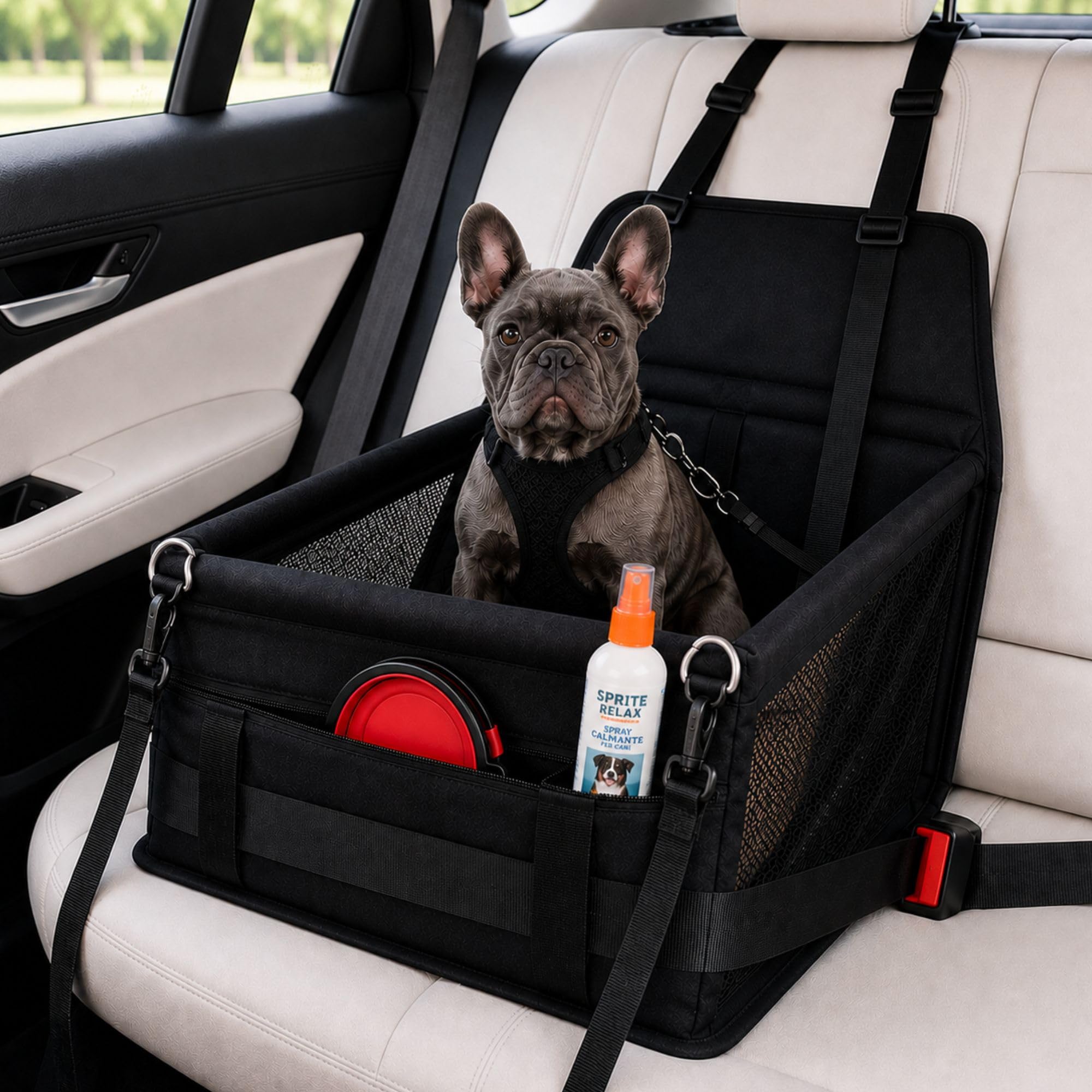 Asiento Perro Coche para Perros Pequeños y Gatos hasta 9 kg, Silla Coche Perro con Cinturón de Seguridad, Spray Relax y Comedero de Viaje, Transportín Perro Coche Plegable para Viajes Seguros