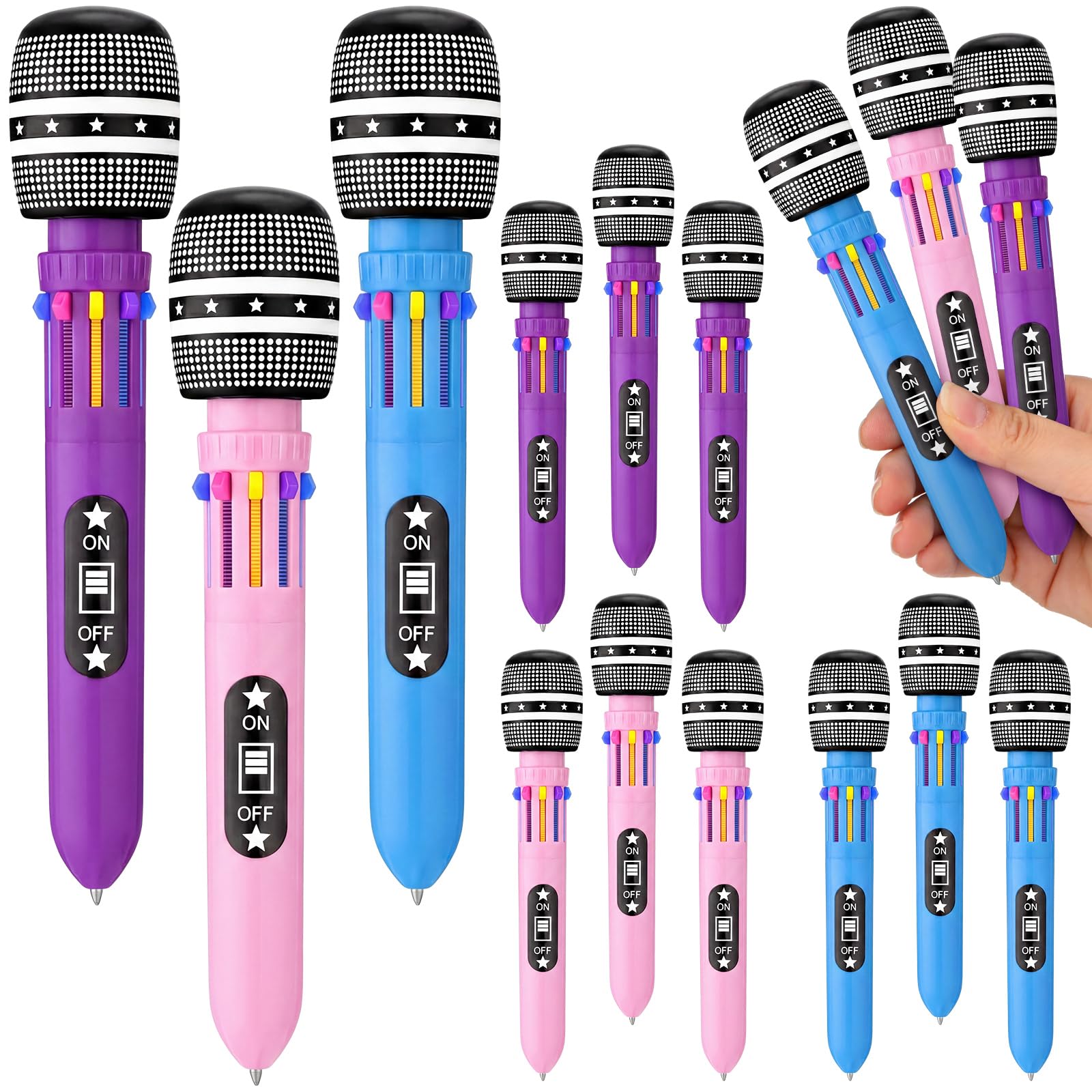 24 penne a sfera K-pop con microfono, multicolore, 0,7 mm, 10 in 1, penne colorate con microfono per karaoke anni '80 e '90, forniture per feste di compleanno