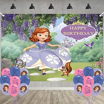 Princess Sofia Birthday Party Decoration,Photo Background 5 x 3 FT, 18 Pcs Balloons,Princess Merch Party Backdrop Supplies