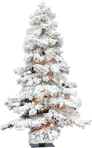 Vickerman Árbol de Navidad artificial de abeto flocado de 6 pies con 300 luces transparentes, árbol sintético cubierto de nieve, decoración de