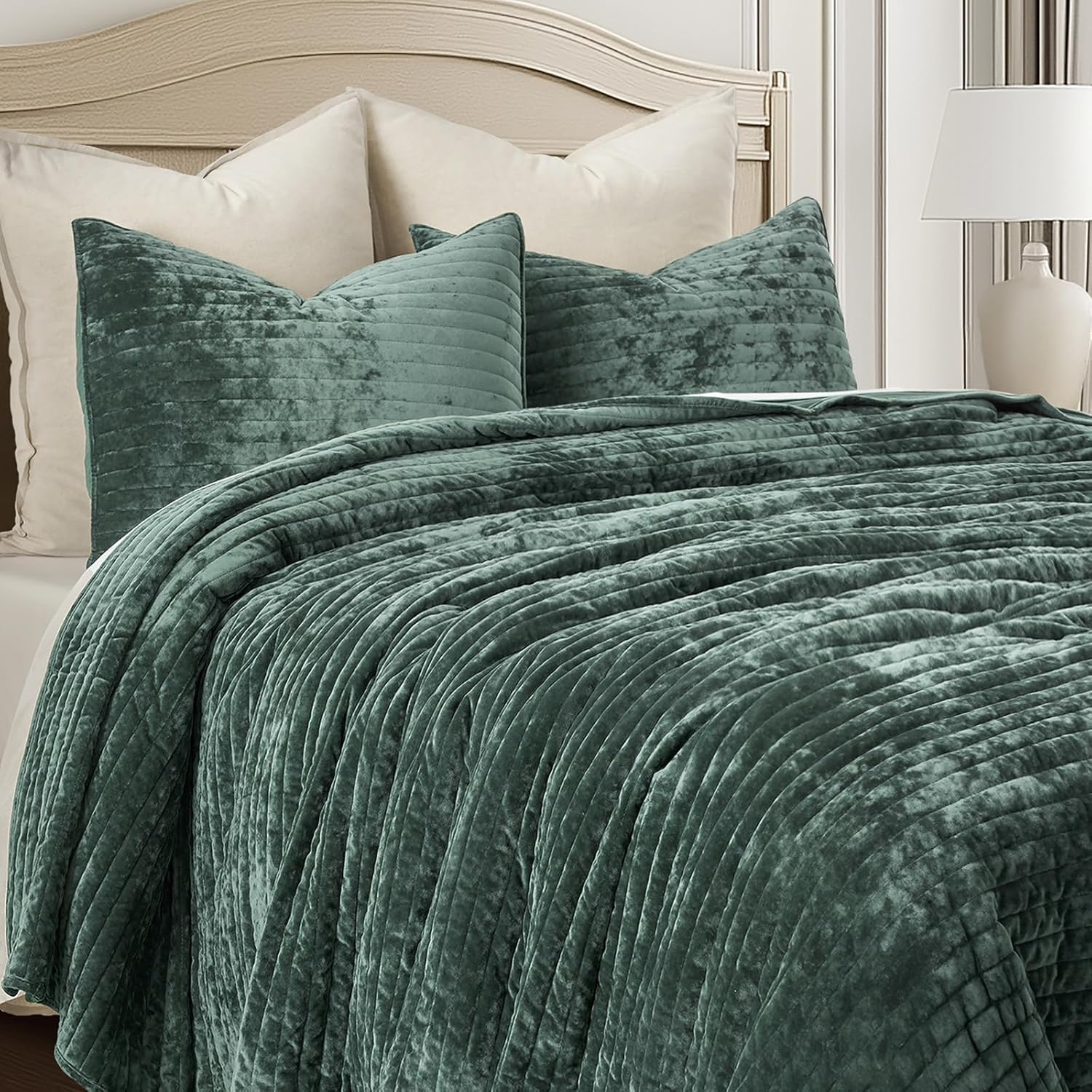 EVERGRACE Velvet Quilt Set King Size, Luxurious Soft Striped Channel Bedding Set, Lightweight Velvet Comforter for All Season, Oversized Bedspread Coverlet with 2 Matching Shams, Pine Green - Image 5