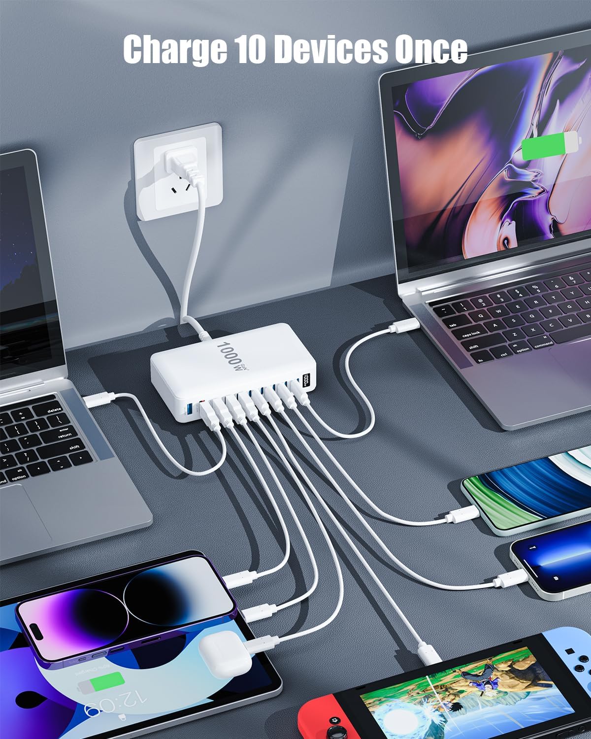 1000W USB C Charger Block,10-Port USB C Charging Station GaN IV Travel Essentials Multiple Port Charging Station,140W Laptop Fast Charger Adapter for MacBook Pro/Air,DELL,iPad,iPhone,Samsung Galaxy