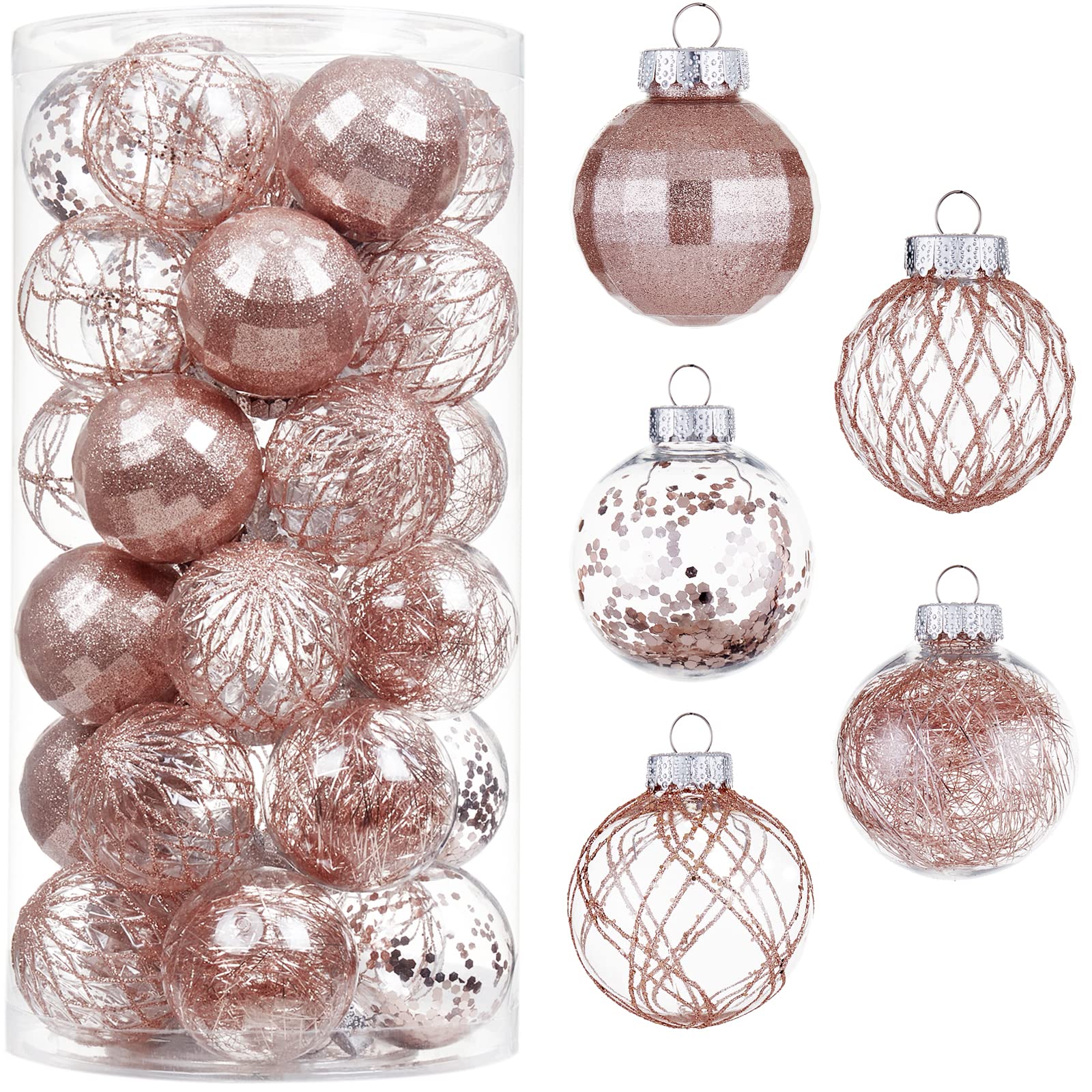 Bolas de Navidad de 30 quilates, 60 mm/2.36 pulgadas de plástico transparente inastillable, bolas de Navidad con relleno delicado brillante, decoración de árbol de Navidad colgante (oro rosa)
