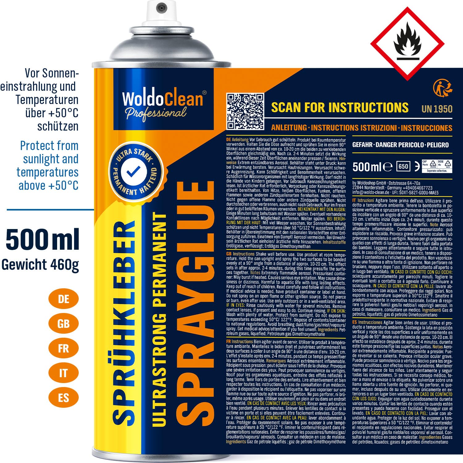 WoldoClean Klej w Sprayu do Tapicerki Sufitowej & Pianki - 500ml Spray Klejący Ekstra Mocny, Odporny na Ciepło & Transparentny, Szybkoschnący, Idealny do Tkanin, Filcu, Skóry & Tapicerki