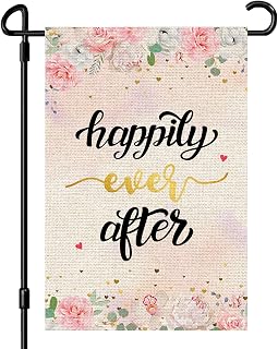 INNORU Happily Ever After Garden Flag, Wedding Party Yard Sign, Retirement Wedding Anniversary Home Party Indoor Outdoor Yard Lawn Sign Decor, Burlap Double Sided
