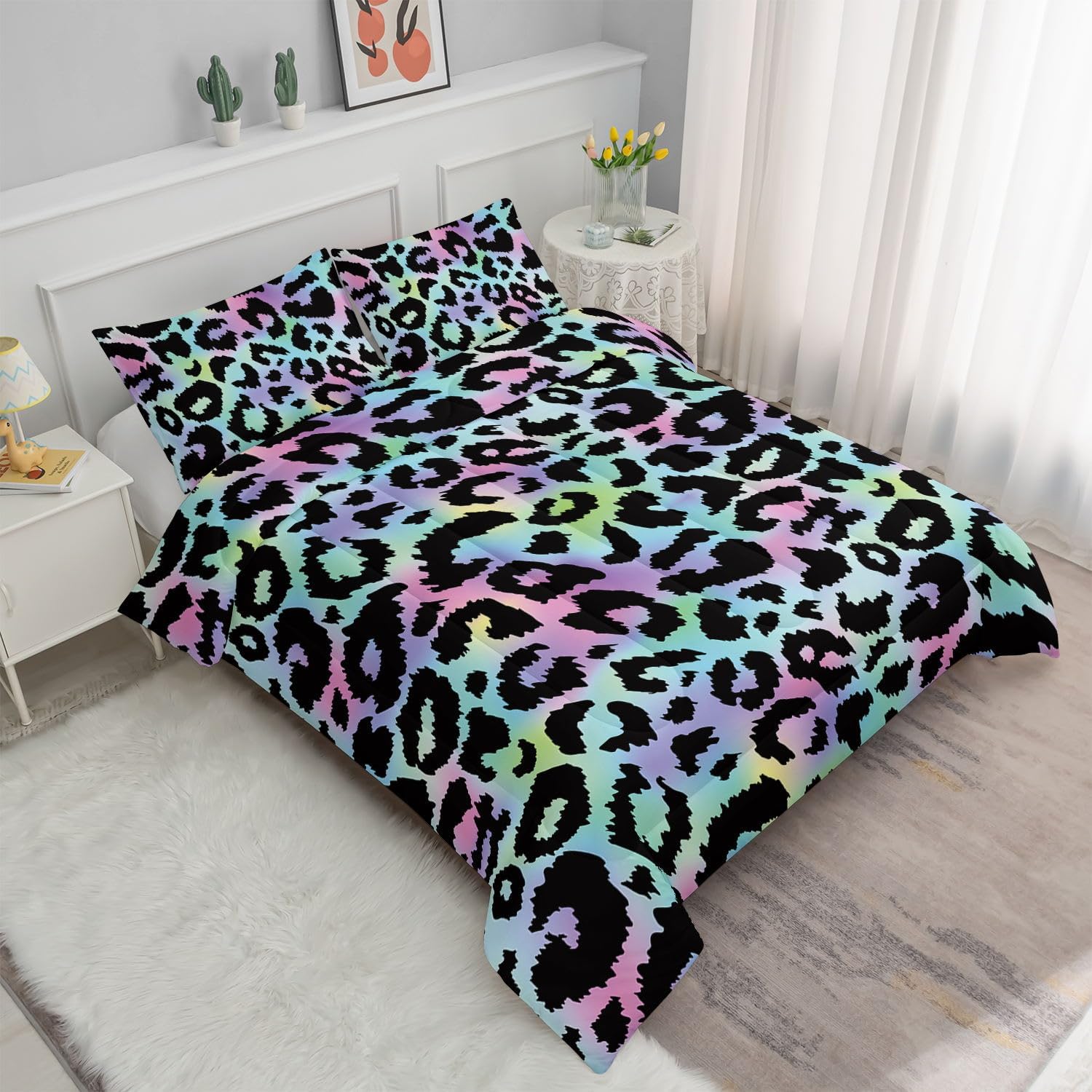 Kids Comforter Set Color Leopard Printed Pattern Bedding Set with 1 Comforter and 2 Pillowcases for Girls Boys Bedroom All Season(Color Leopard Queen)