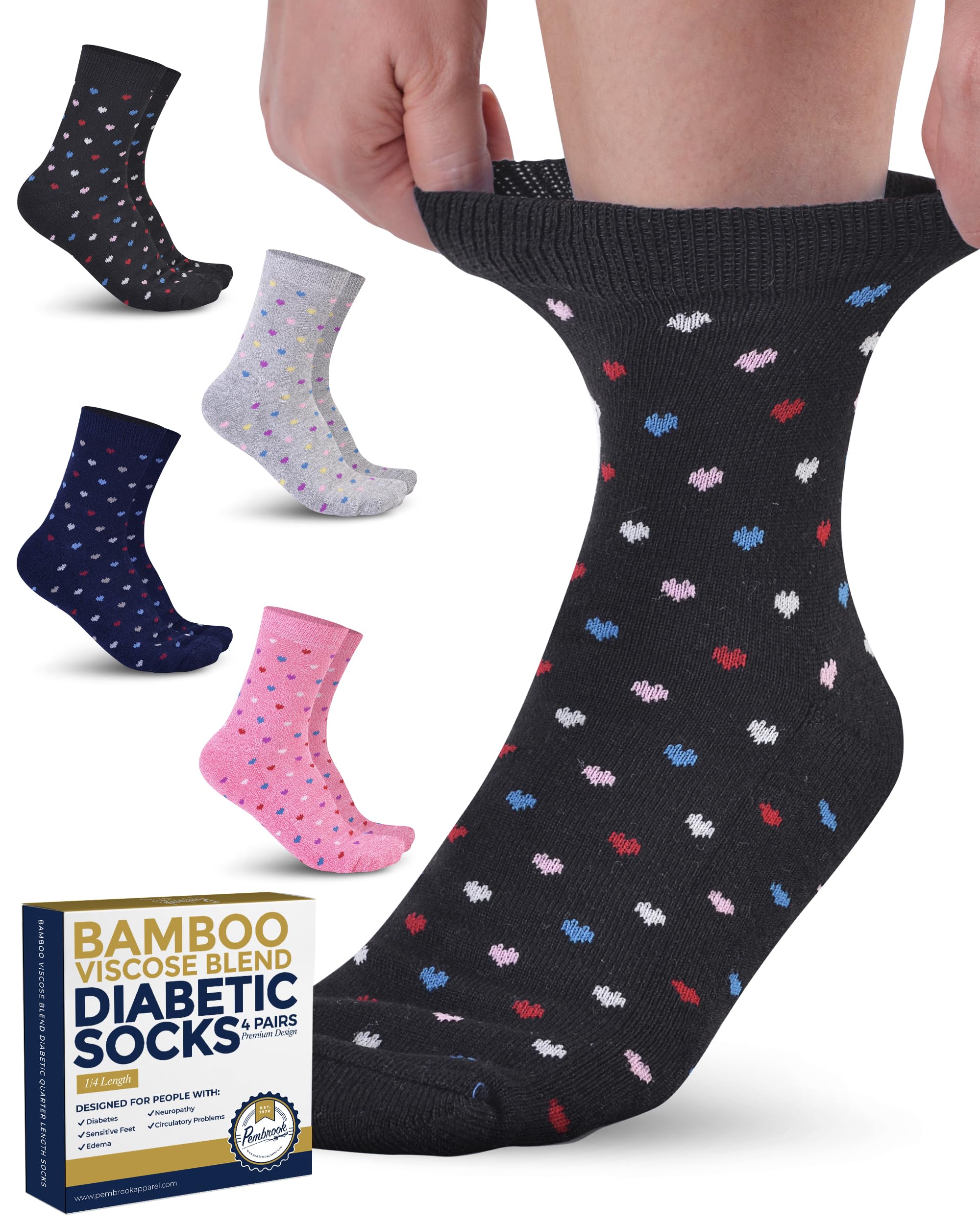 PembrookDiabetic Socks for Women & Men - 4 Pairs Ankle Bamboo Viscose Socks Woman | Womens Diabetic Socks Size 9-11