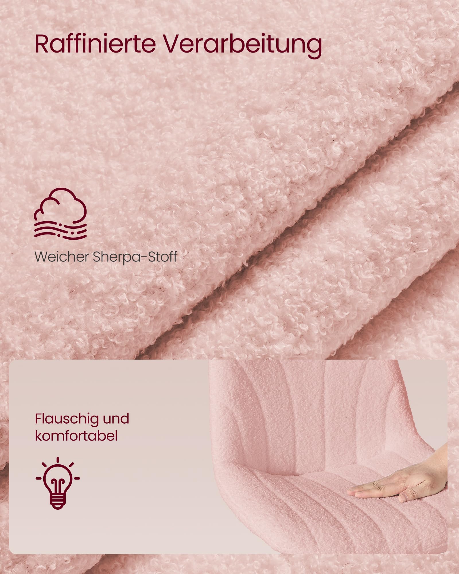VASAGLE Schminkhocker, Schminkstuhl mit Rückenlehne, höhenverstellbar, um 360° drehbar, für Schlafzimmer, Esszimer, Sherpa-Bezug, Pastellrosa LJB160S101