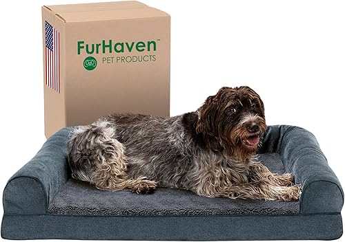 Miniatura 18 de Furhaven Cama para perro, de espuma viscoelástica, estilo sofá, Sherpa y chenilla, café, M (Piel sintética de lujo y lino) Carbón vegetal,(Piel