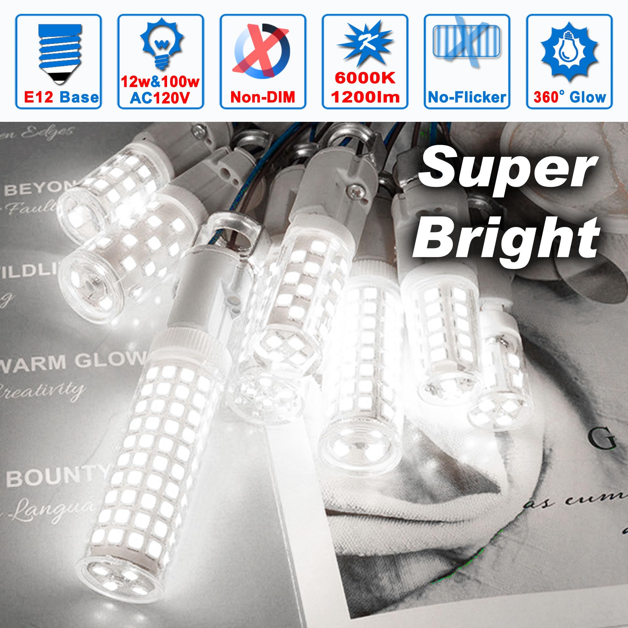E12 100w LED Candelabra Bulbs Replacement C7,6000K Daylight Bright Cool White,1200 Lumen T6 E12 12W LED Candle Bulbs for Ceiling Fan Chandelier Pendant Lighting Salt Lamp,Non-dimmable,2 Pack