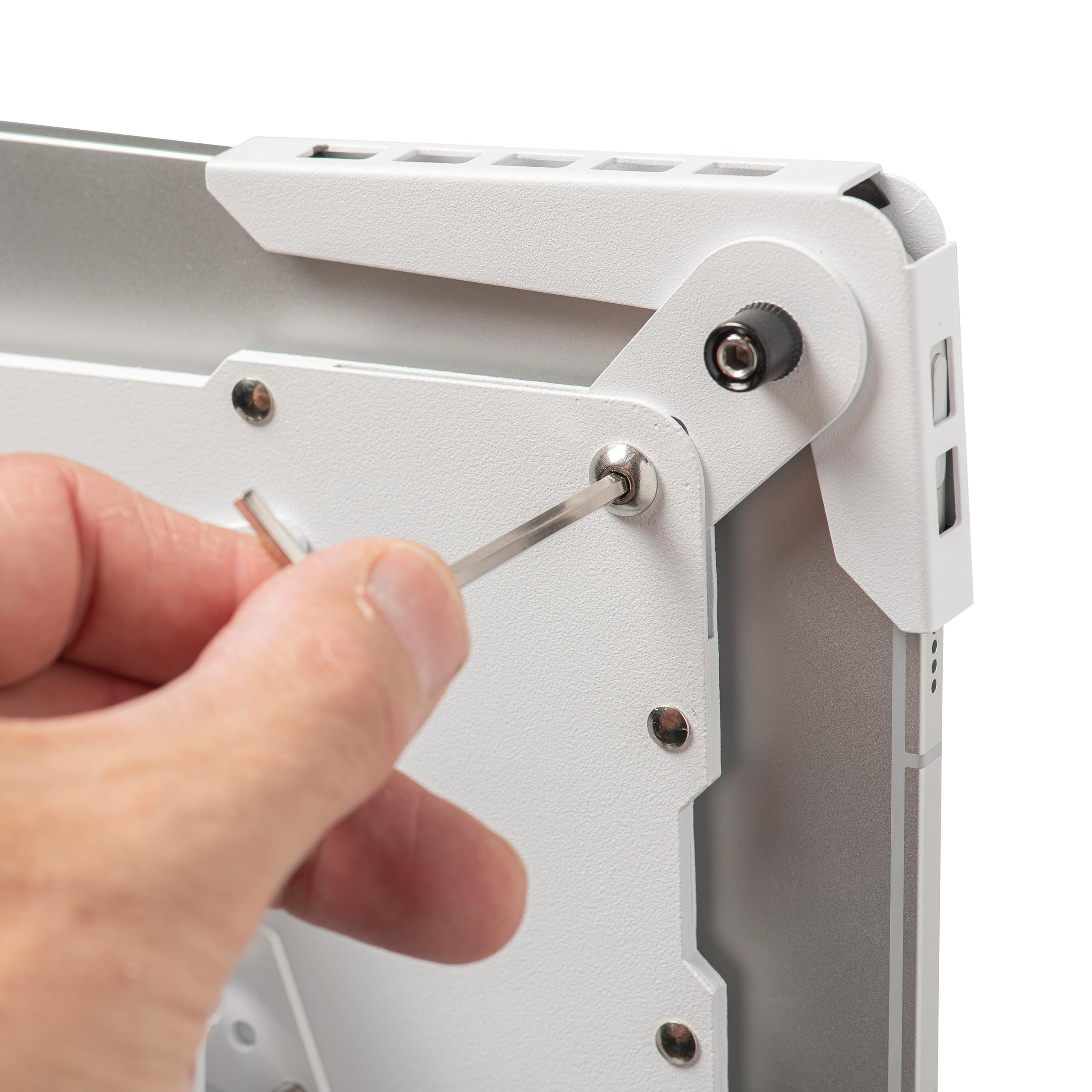 Supporto da pavimento universale per tablet regolabile 70–120 cm – per iPad e tablet 10–13 pollici – girevole, inclinabile, base stabile in metallo, gestione cavi, bianco