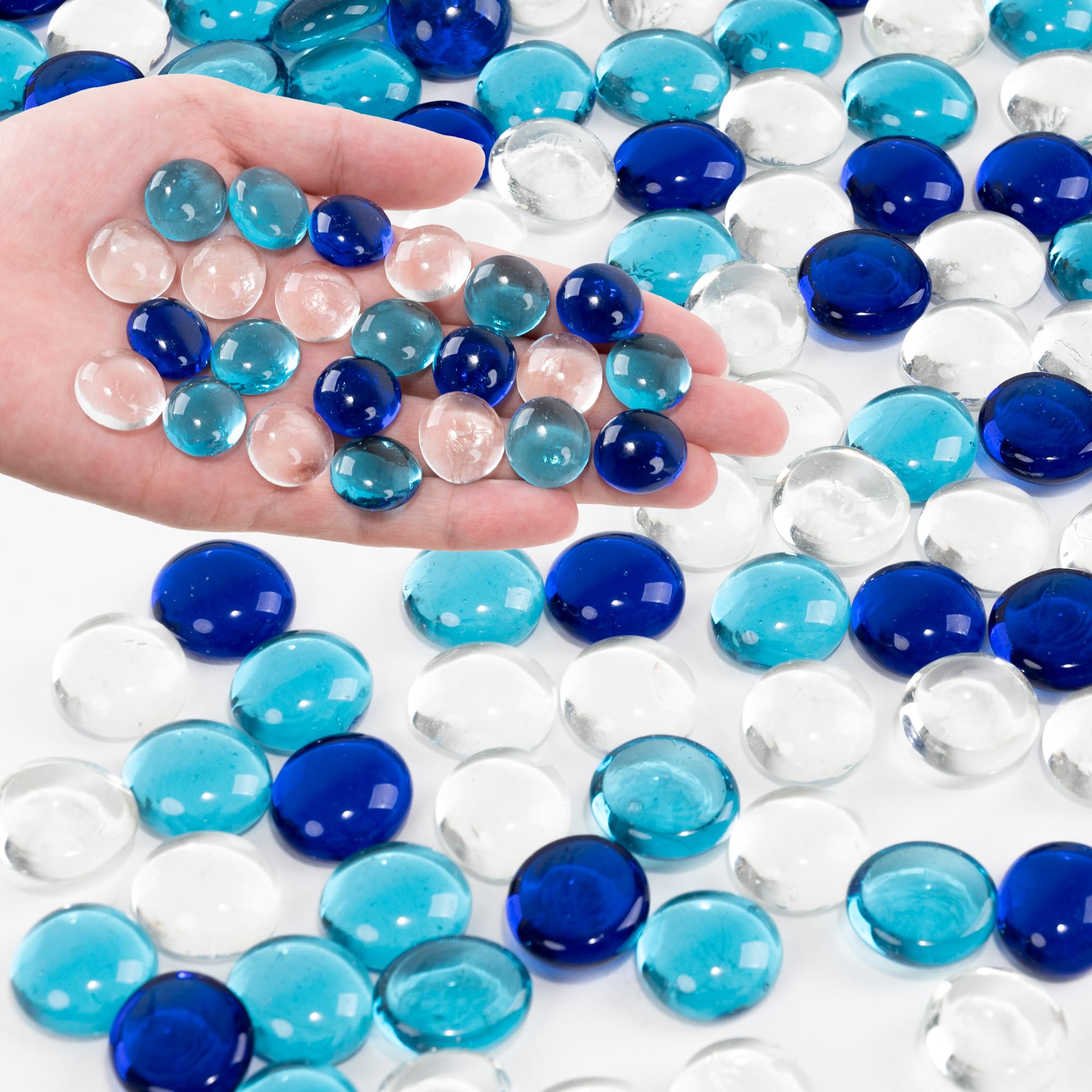 Foncomy Blue Mixed Flat Glass Marbles, 440g Transparent Vase Filler Pebbles Gems, Decorative Glass Beads for Vases, Table Scatter, Crafts, Floral, Mancala Stones, Aquarium Rocks for Fish Tank