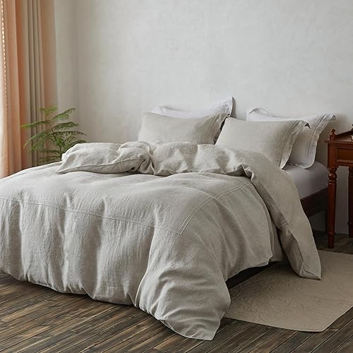 Miniatura 7 de Simple&Opulence Juego de funda de edredón 100% lino lavado de 104 x 92 pulgadas, juego de edredón suave de 3 piezas, doble bordado con cierre de