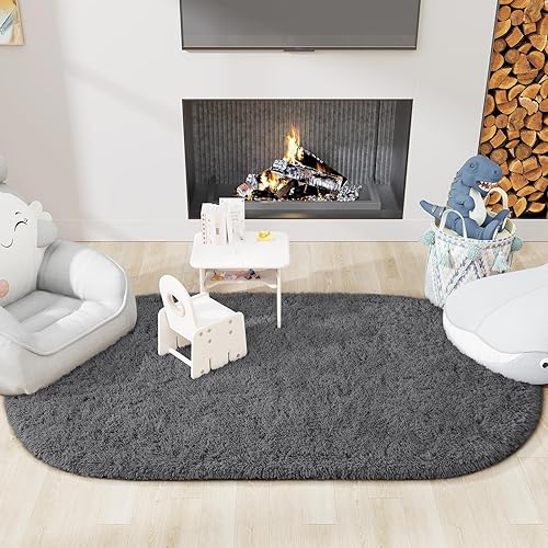 Miniatura 207 de LOCHAS Alfombra esponjosa para dormitorio, 2.6 x 5.3 pies, alfombra lanuda para dormitorio, mesita de noche, alfombra ovalada suave para sala