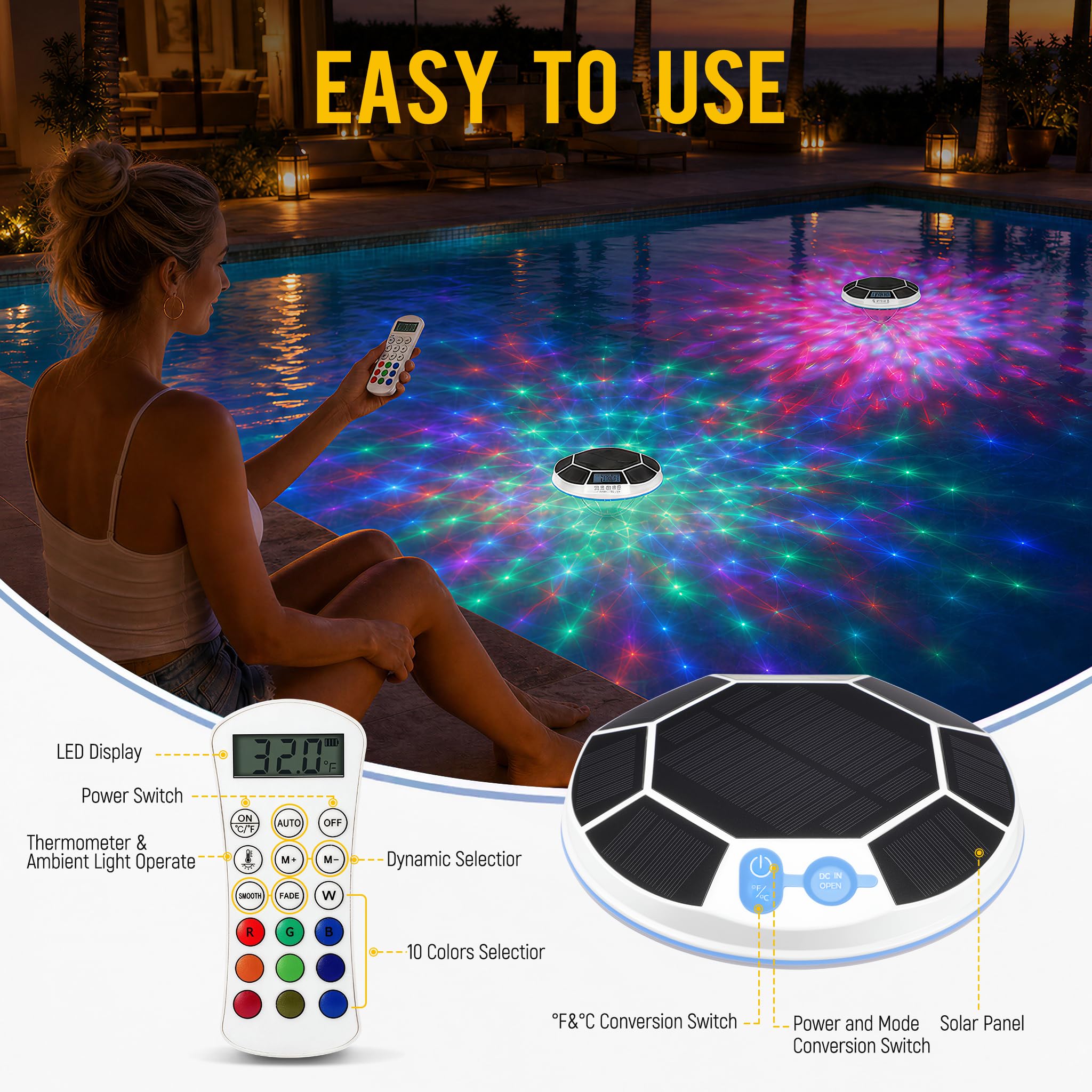 Partsam Schwimmende Poolleuchten Solarbetrieben mit digitalem Thermometer