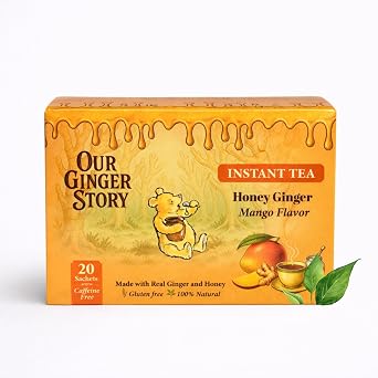 Premium Honey Ginger Instant Tea Crystals, Mango Flavor, 20 Sachets, Real Ginger, Real Honey, Pure Cane Sugar, Caffeine Free, Hot Or Cold Single Serve Drink Mix