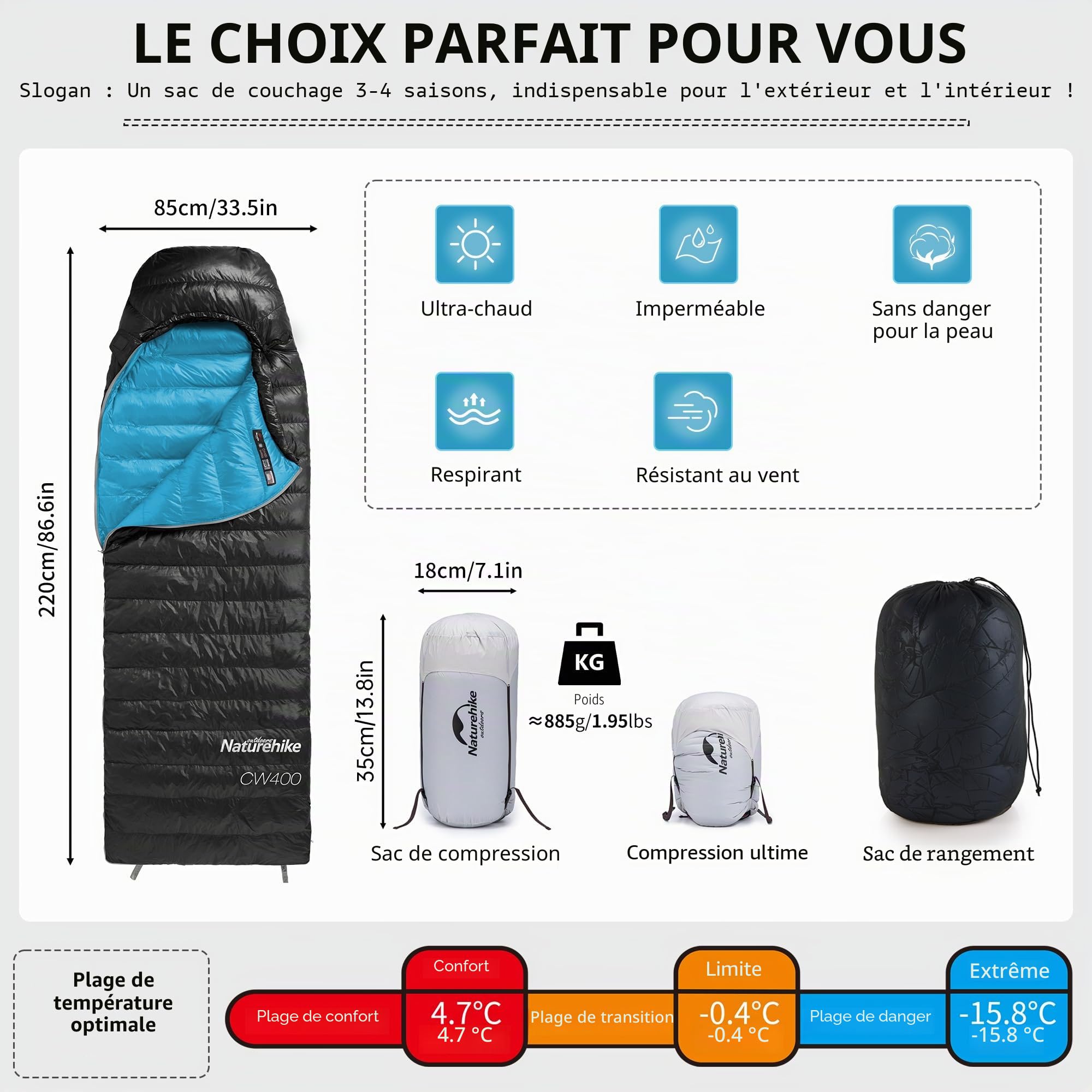 Naturehike CW400 Sac de Couchage en Duvet ultraléger Sac de Couchage de Camping Momie pour Adultes Pouvoir de Remplissage 650FP -11 ℃-6 ℃ avec Sac de Compression étanche adapté à la randonnée/Camping
