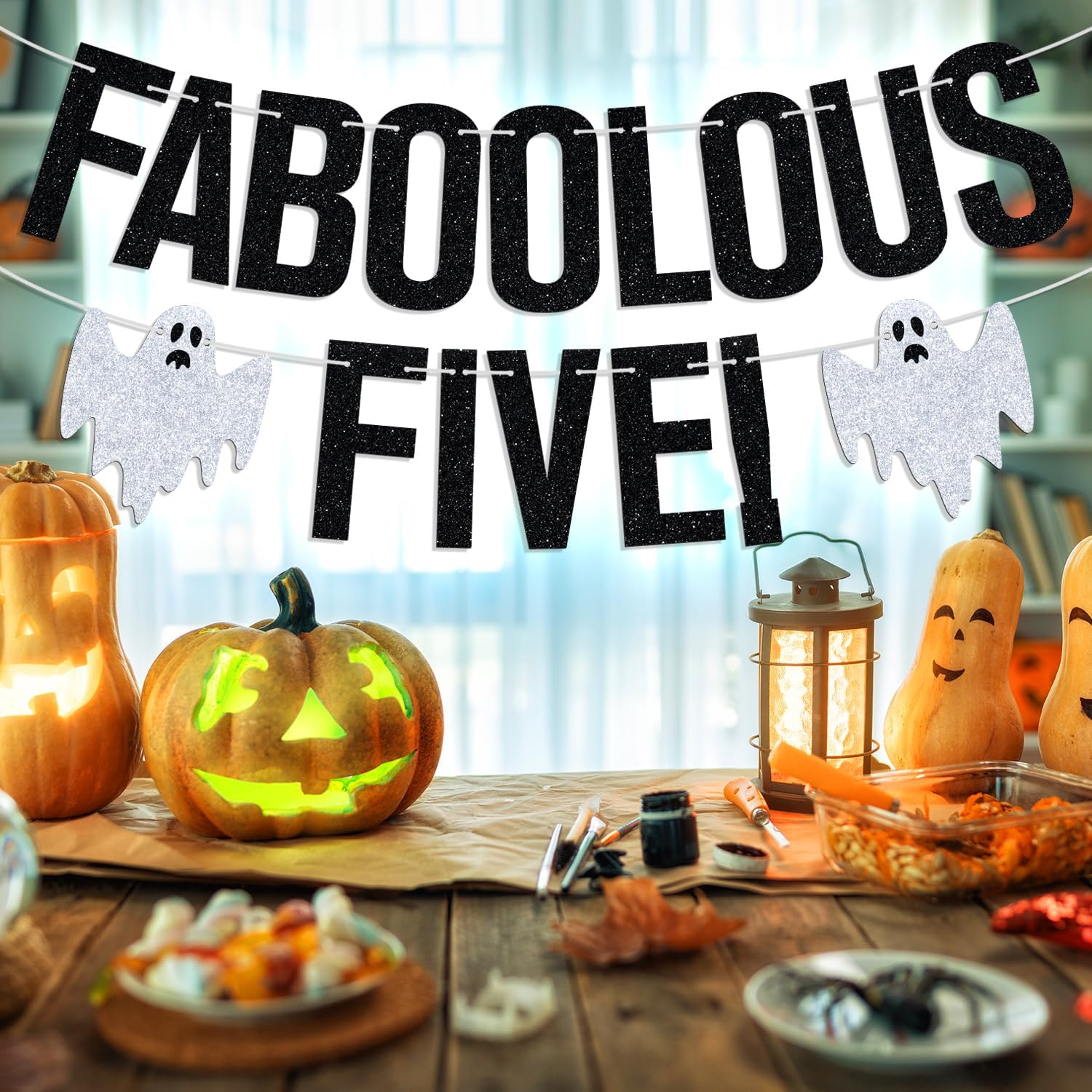 Faboolous Five Banner, Boo I'm 5, Cheers to 5 Years, Halloween Theme 5th Birthday Party Decorations Supplies for Boy Girl