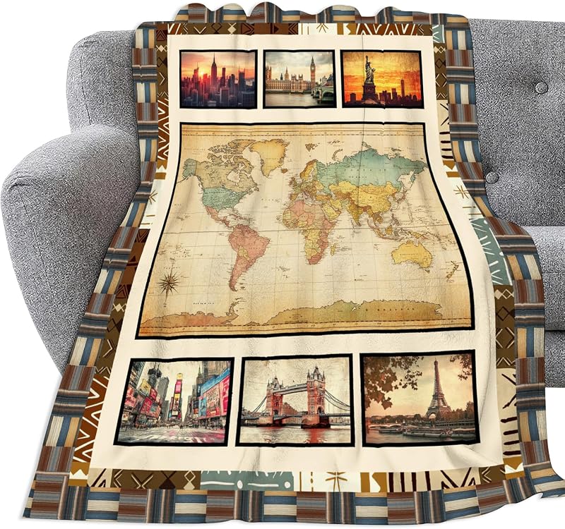 World Map Throw Blanket Cityscape Gifts for Boys Girls 50"x40" | Ultra Soft Lightweight Cozy Print Fleece Flannel Blankets Gift for Women and Men Couch Sofa Bed