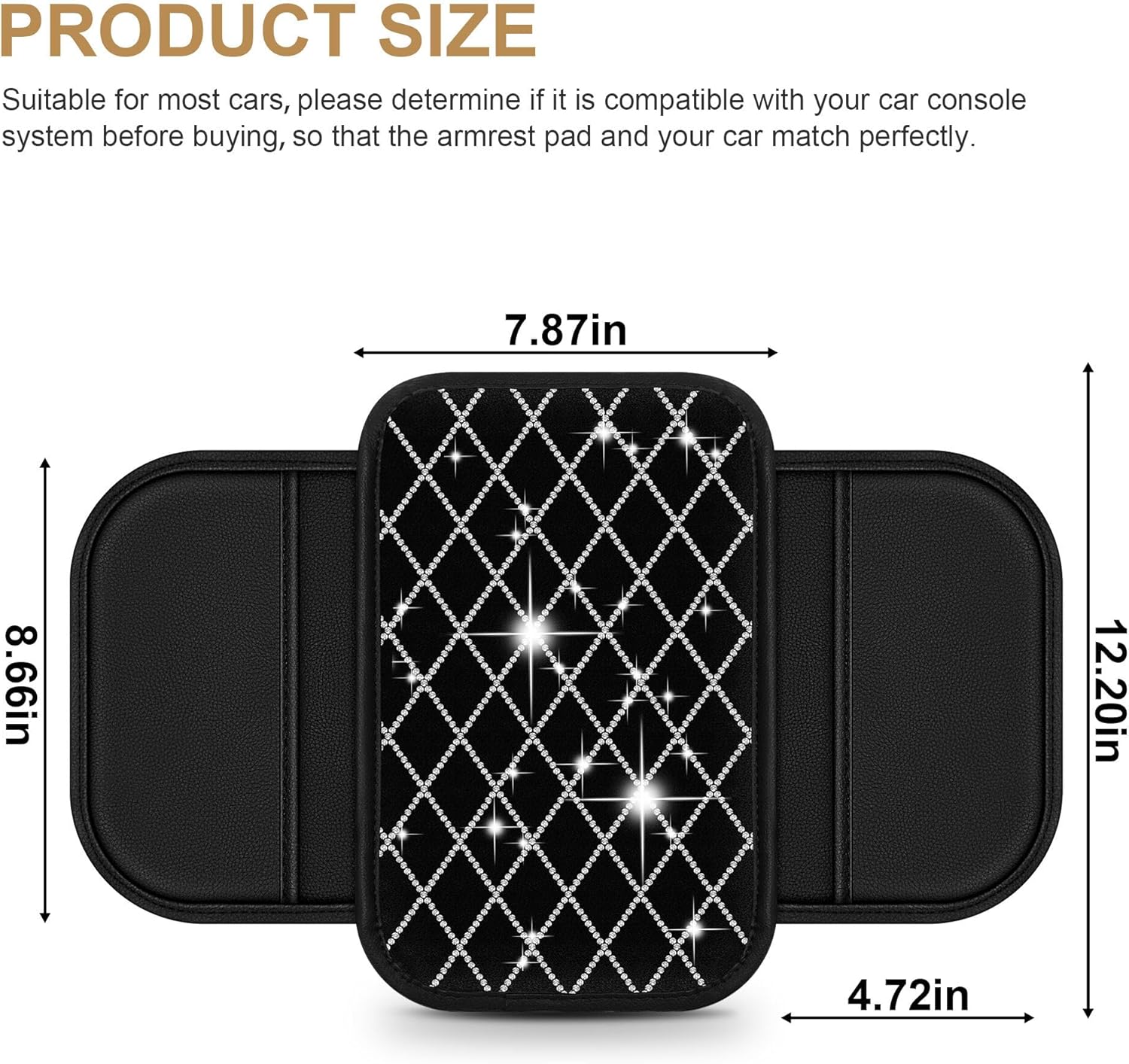 YORKNEIC Bling Car Center Console Cover Fit for Ford Escape: Middle Armrest Cover with Crystal Rhinestones, Diamond Automotive Interior Car Arm Rest Cover Pad Protector(Black&Silver Diamond)