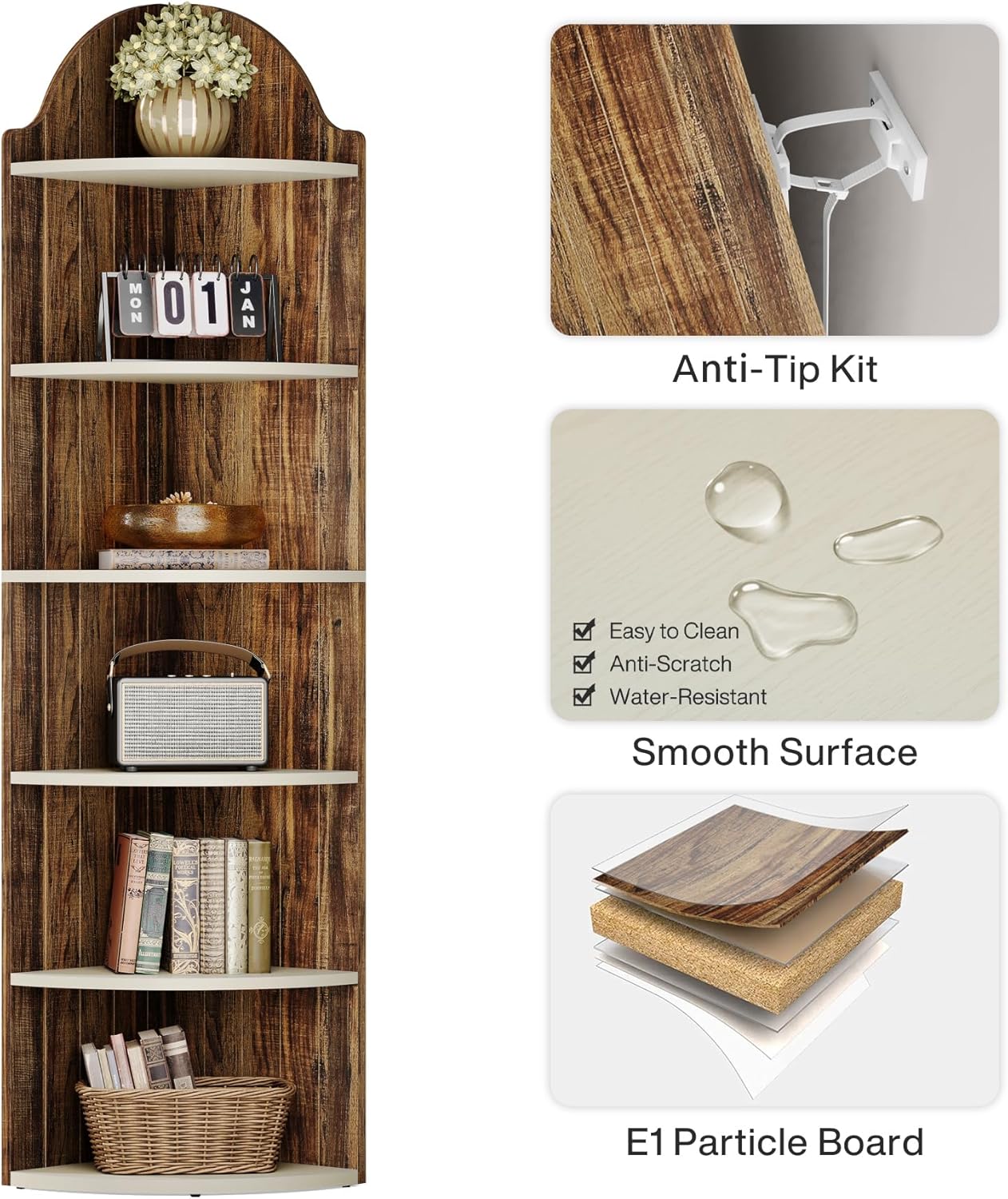 Close-up of the anti-tip kit and material layers of the Tribesigns corner shelf.