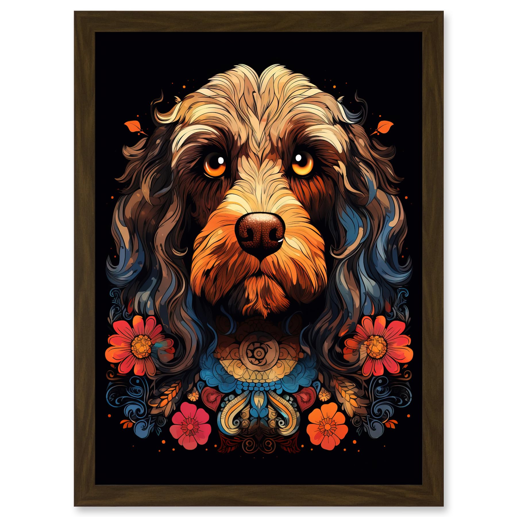 Artery8 Cockapoo Dog with Ornate Collar and Flowers Symmetrical Floral Artwork Orange Pink Blue Tribal Design on Black Artwork Framed A3 Wall Art Print