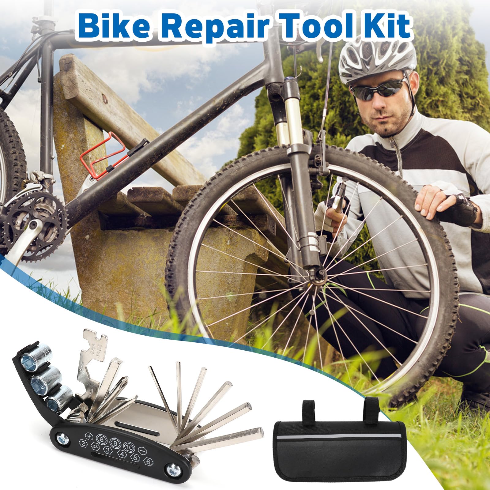 Multifunzione Kit Riparazione Bici 16 in 1,Portatile Emergenza Kit Foratura Ciclismo Professionali con Toppa per Pneumatici,Borse da Sella Impermeabili,per MTB Biciclette da Strada Accessori