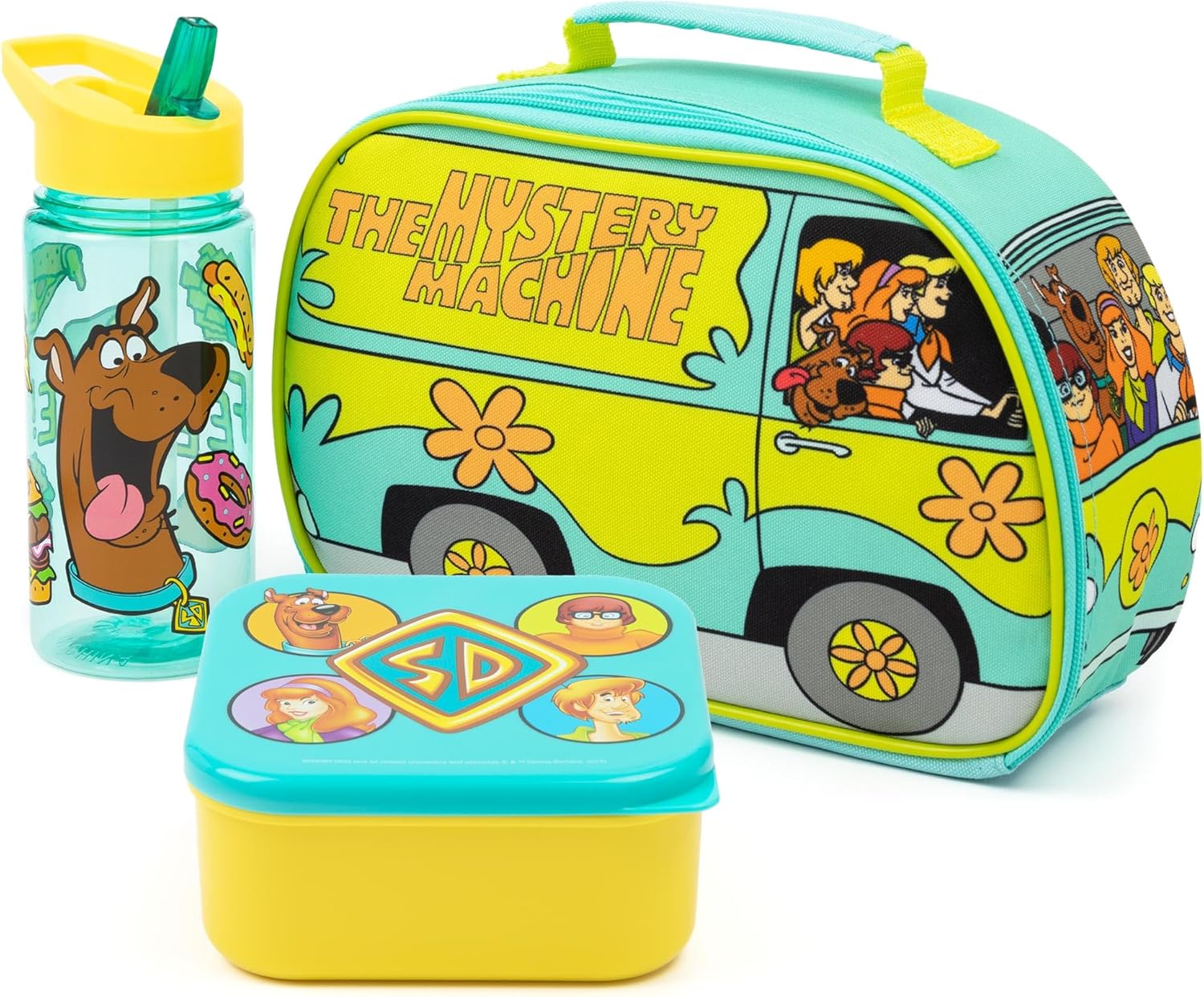 Scooby-Doo! Lunch Box Mystery Machine Lunch Bag Bottle and Snack Pot Set for Kids | Blue Green Character Tupperware | TV Show Movie Merchandise