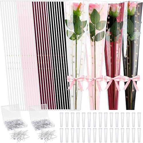 Beeveer Juego de 600 piezas de envoltura de flores individuales, 200 fundas de rosas individuales, 200 tubos de agua florales, 200 alfileres de ramo