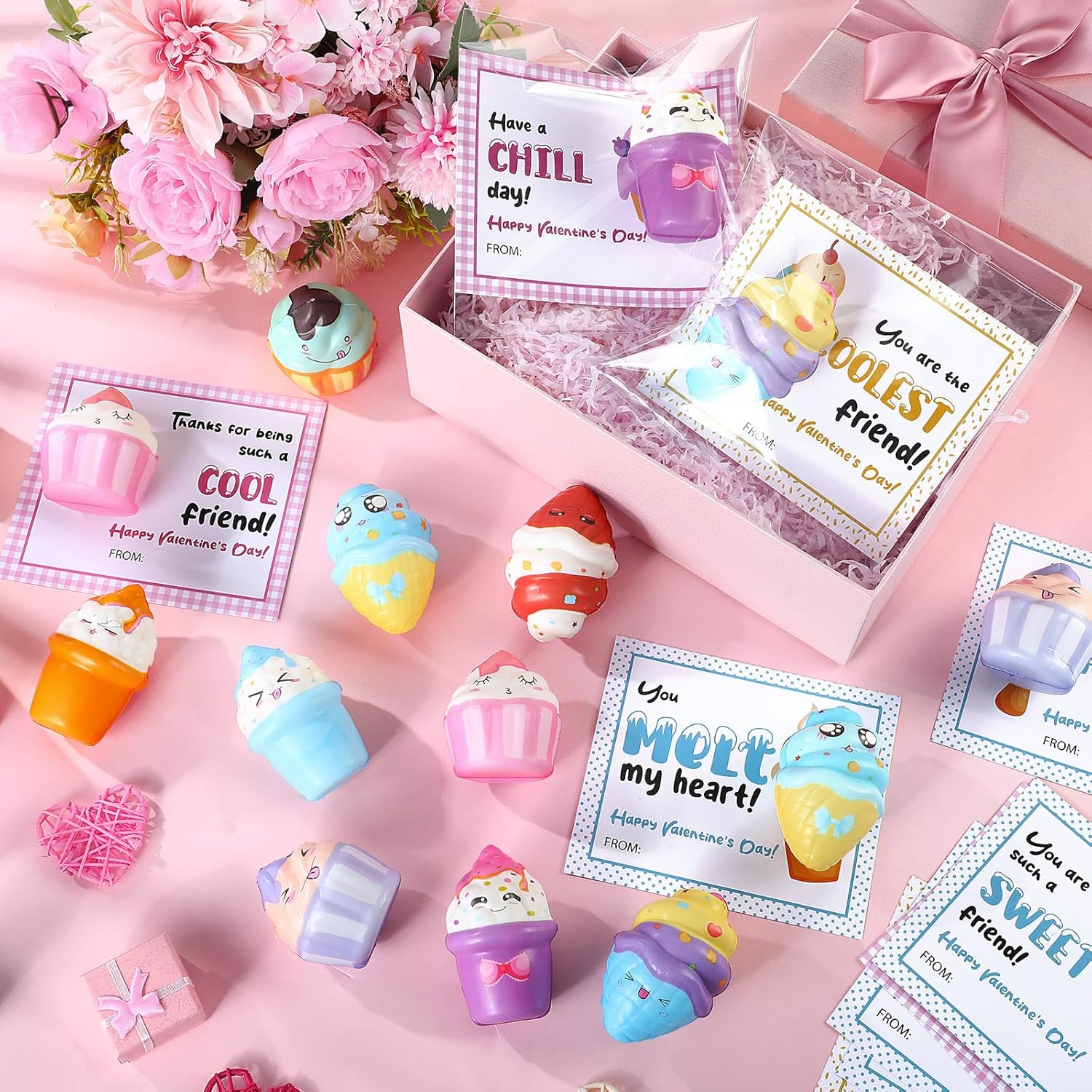 27 Sets Valentines Cards with Ice Cream Stress Balls Squeeze Toys for Valentines Day School Class Classroom Gifts Prizes Party Favors