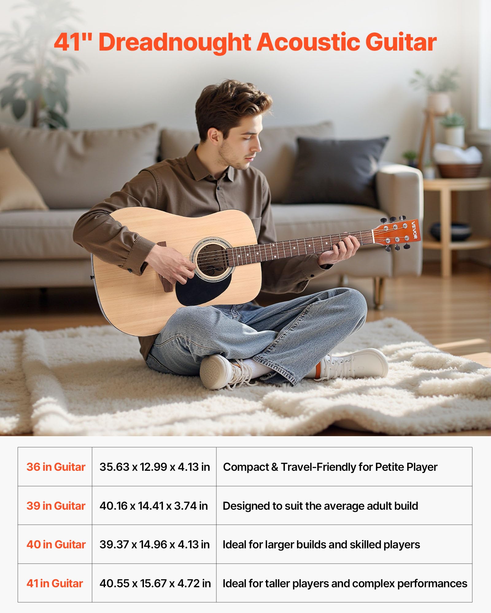 VEVOR Guitare Acoustique Dreadnought 6 Cordes, 103 cm, Table Épicéa Massif, Fond en Acajou, Touche en Palissandre, avec Housse, Accordeur, Sangle, Médiator, Capodastre, pour Adultes, Couleur Naturel