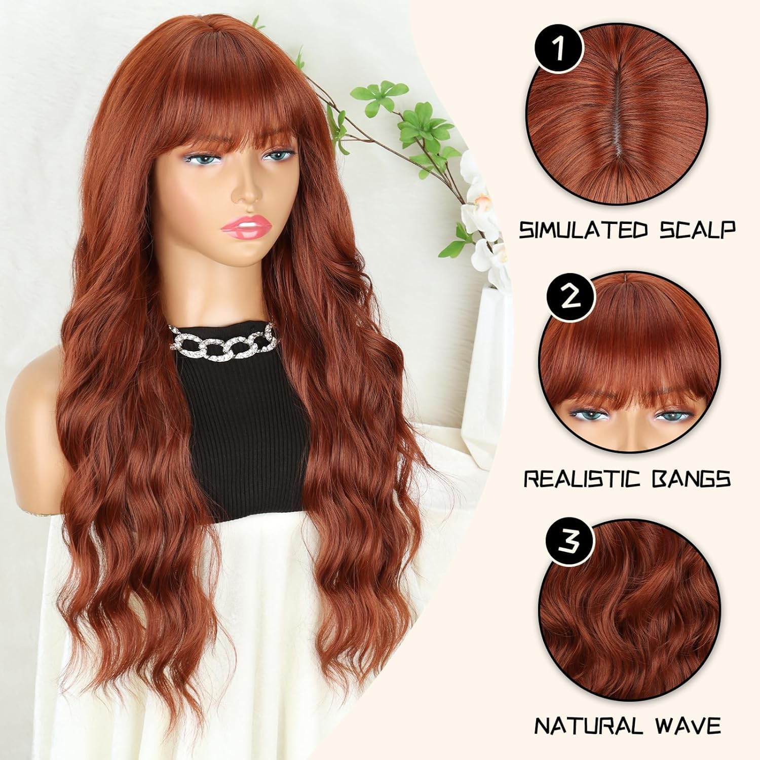 PORSMEER Long Wavy Curly Auburn Fringe Wigs for Women Natural Synthetic Hair Heat Resistant Wigs for Ladies Daily Party Cosplay Wear-26 Inches - Image 2