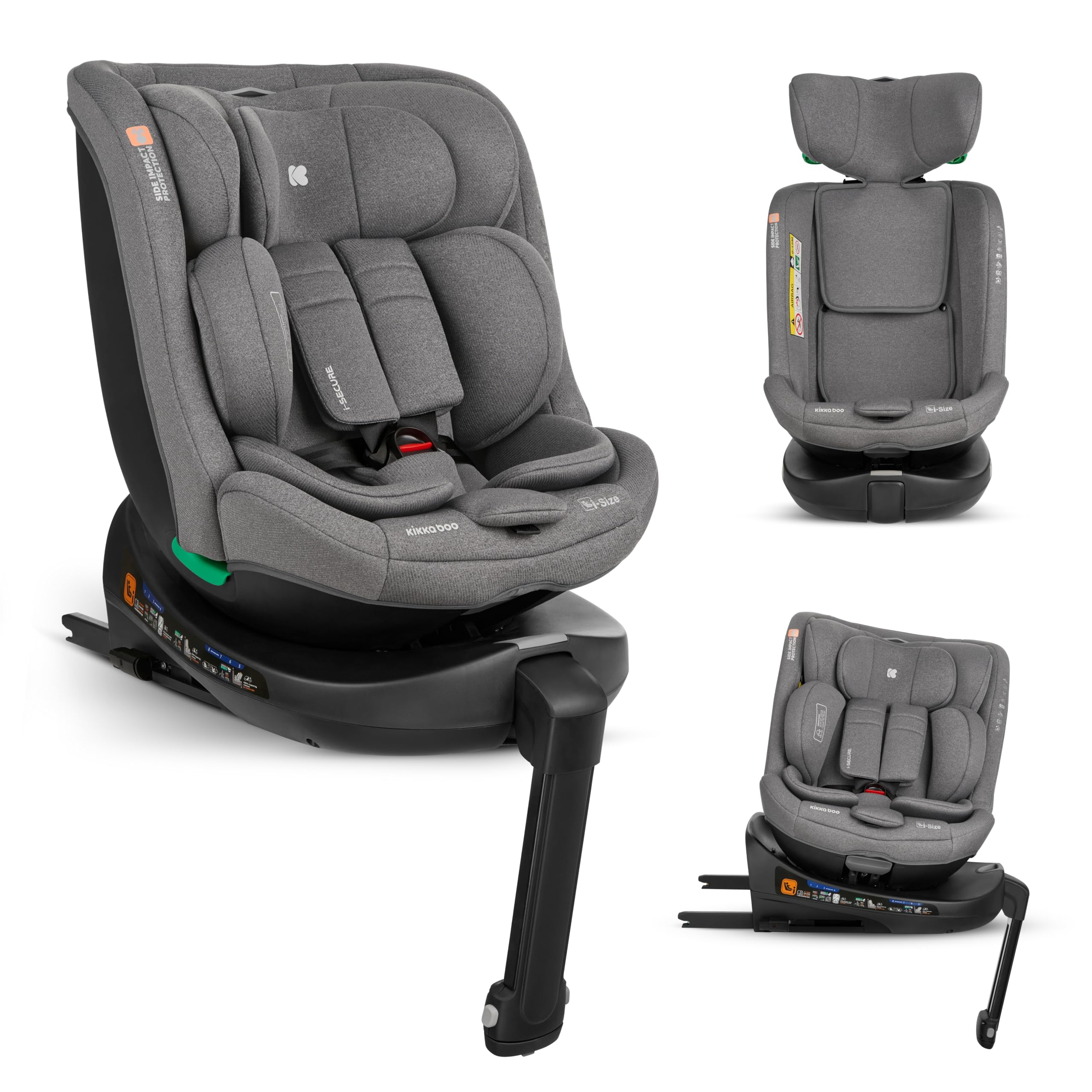 KikkaBoo Seggiolino Auto 0-36 kg (9-36 kg) i-SECURE, Gruppo 0 1 2 3, ISOFIX, i-Size, Rotante a 360º, 40-150 cm, Da 0 a 12 Anni, 12 Posizioni Poggiatesta, Grigio chiaro