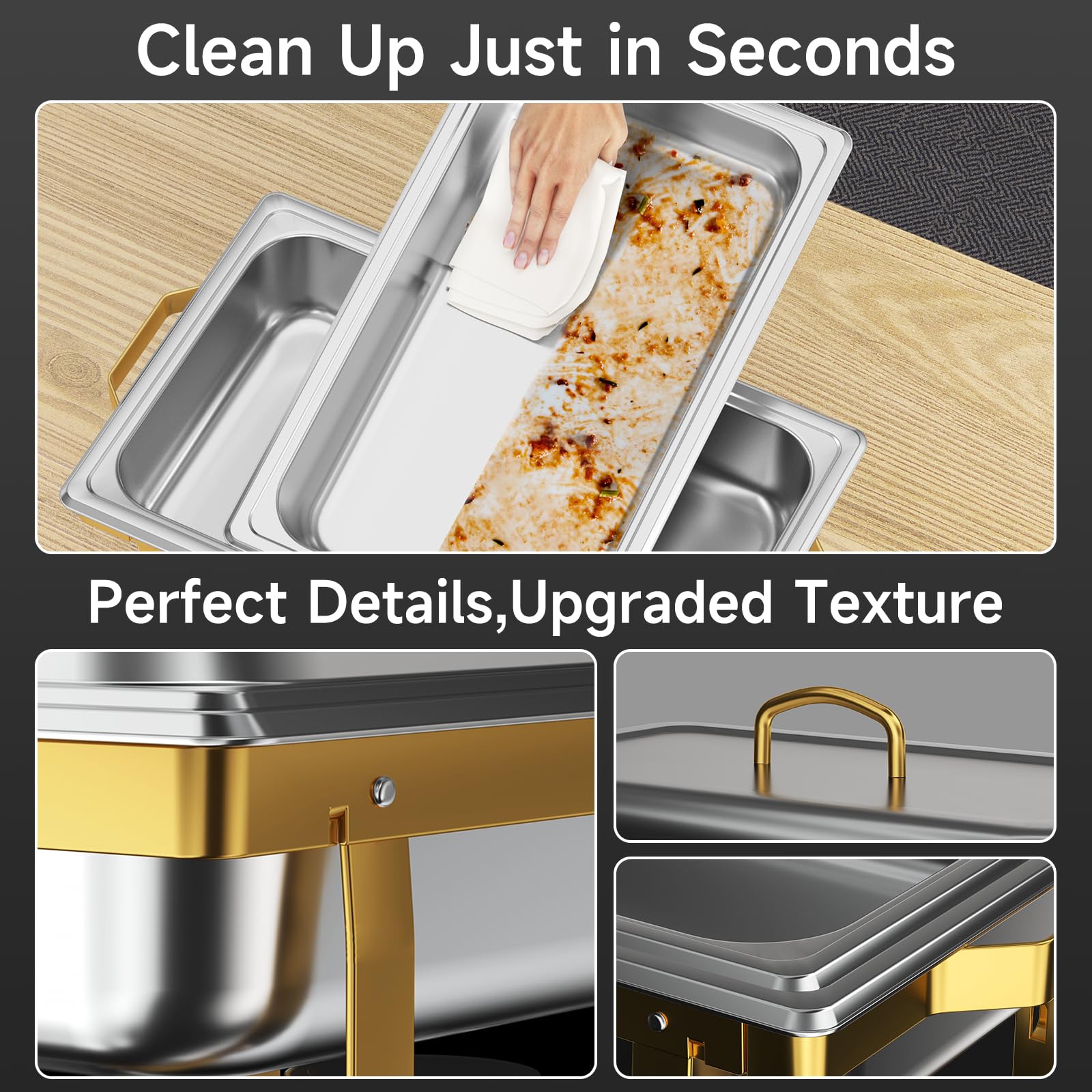 Chafing Dishes for Buffet 4 Pack, 9QT Chafing Dish High Grade Stainless Steel Chafer Complete Set, Steel Handle Catering Events Complete Buffet Warmer Set (Gold, 2)