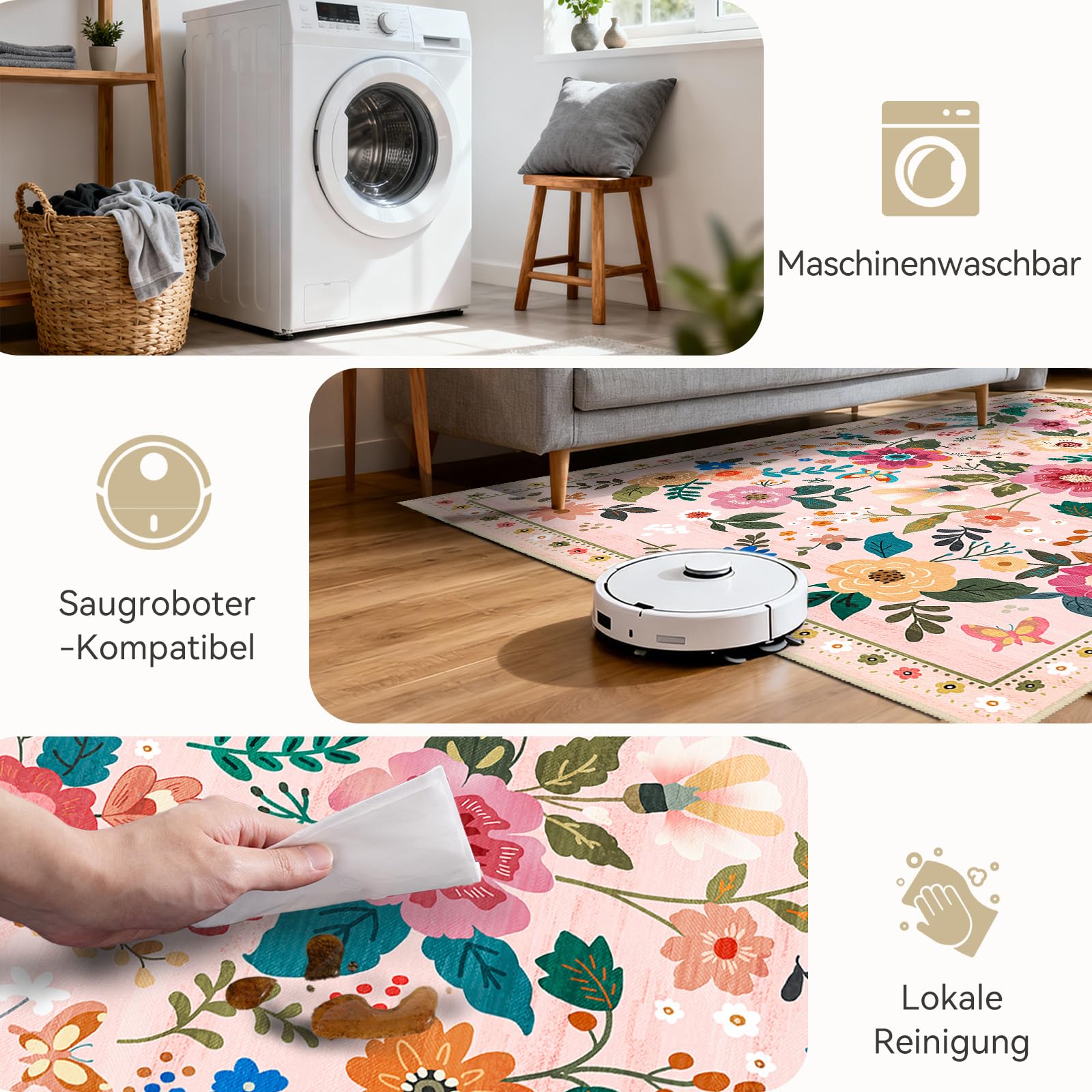 Teppich Wohnzimmer 120x180cm Rosa/Beige, Blumen Waschbare Teppiche | Boho Vintage Blumenmuster Wohnzimmerteppich, Waschbarer & Rutschfester Kurzflor Weich für Wohnzimmer, Schlafzimmer, Esszimmer