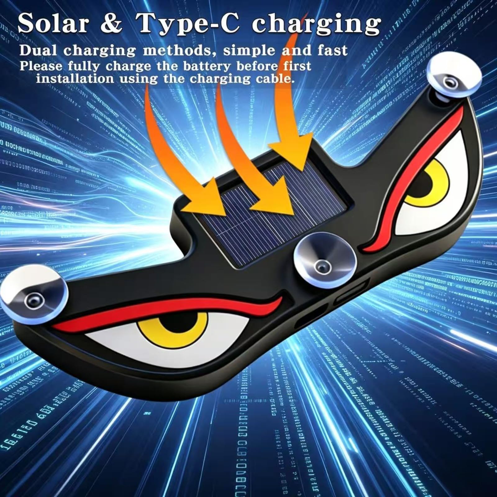 2PCS Solar Demon Eye LED Car Window Light,Lumières dynamiques de Voiture de 5 Modes,USB Solaire Double Puissance,Éclairage ambiant à Induction de Vibration,pour fenêtre de Voiture (D)