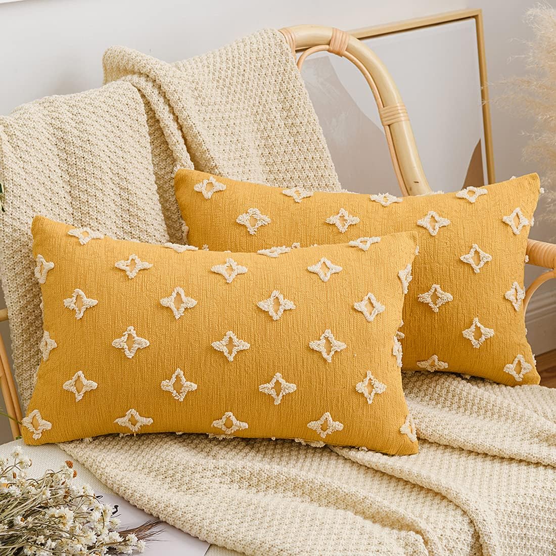 vctops Set of 2 Boho Tufted Cotton Decorative Throw Pillow Covers Super Soft Comfy Pillowcase Cushion Case for Couch Sofa Bed Car (Yellow, 12"x20")