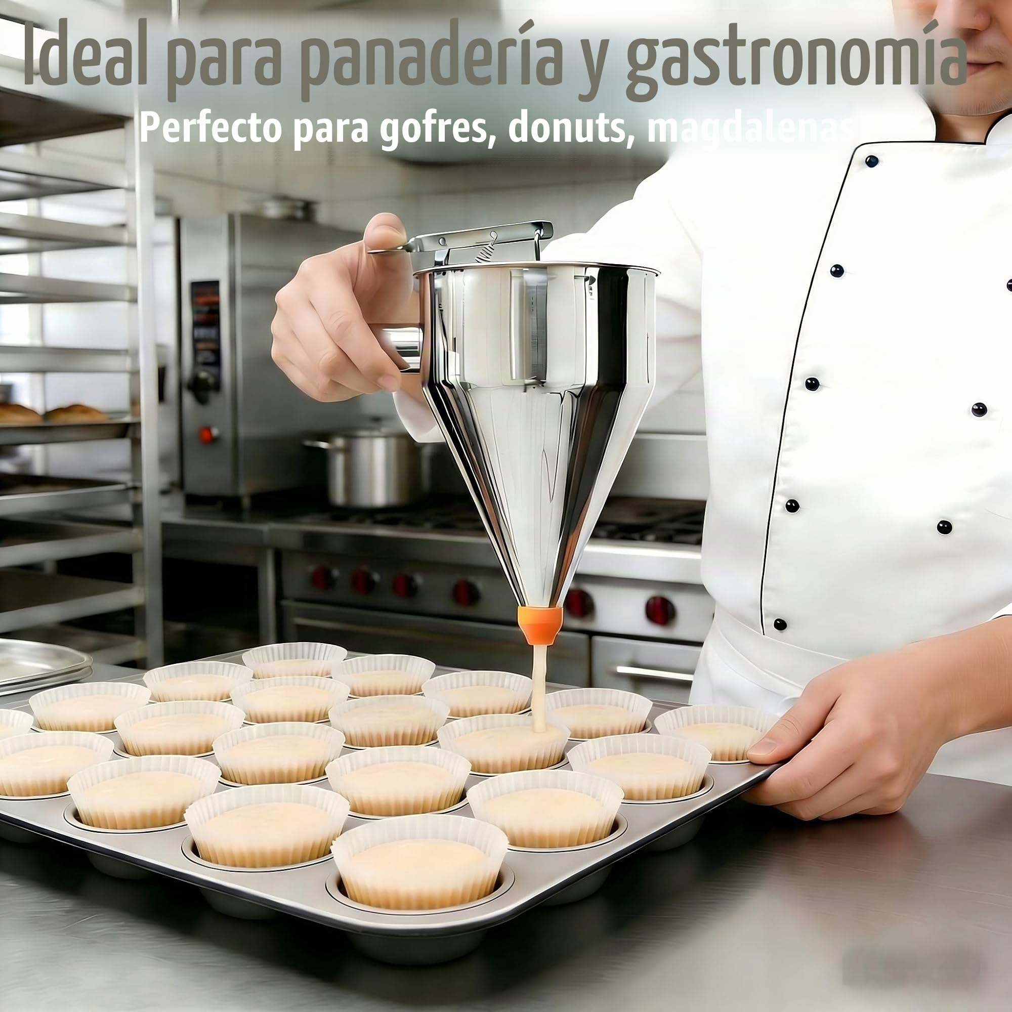 1 Embudo dosificador dispensador de masa dosificador en acero inoxidable 18/8 con medida graduada y asa + 7 boquillas de silicona + pedestal con colector de masa + bolsa | 1,2 L