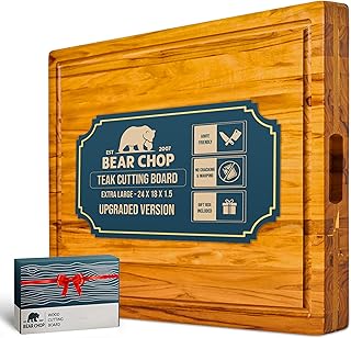 Bearchop Teak Cutting Boards for Kitchen, [24" x 18" x 1.5"] Extra Large Edge Grain Cutting Boards, Solid Teak Wood Butcher Block Cutting Board with Juice Grooves, Handle,Knife Friendly and Reversible