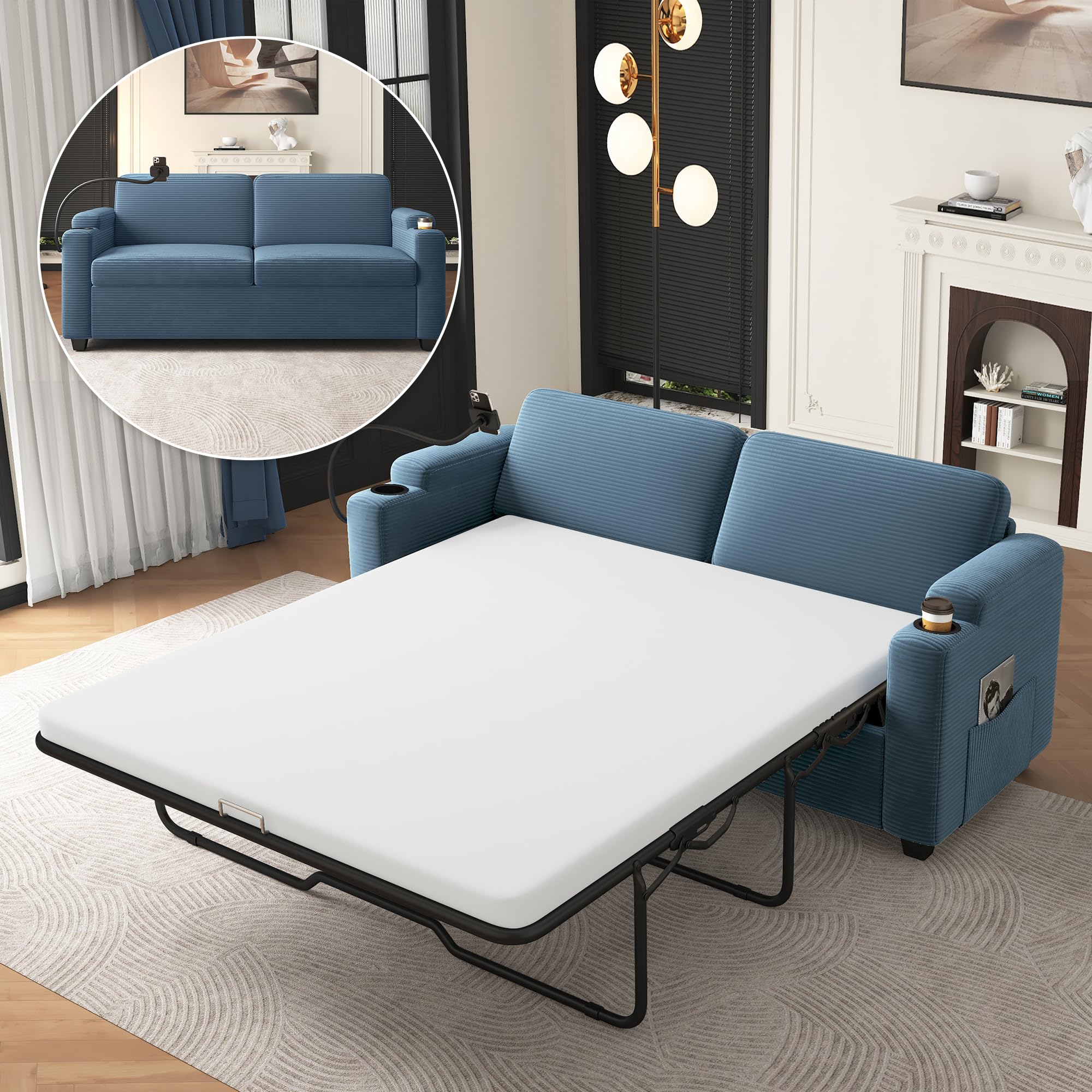 Merax Modern Corduroy Sleeper Sofa Bed with Full Size Mattress, Futon Couches with USB Ports | Phone & Cup Holders| Side Pockets,Pull Out Couch for