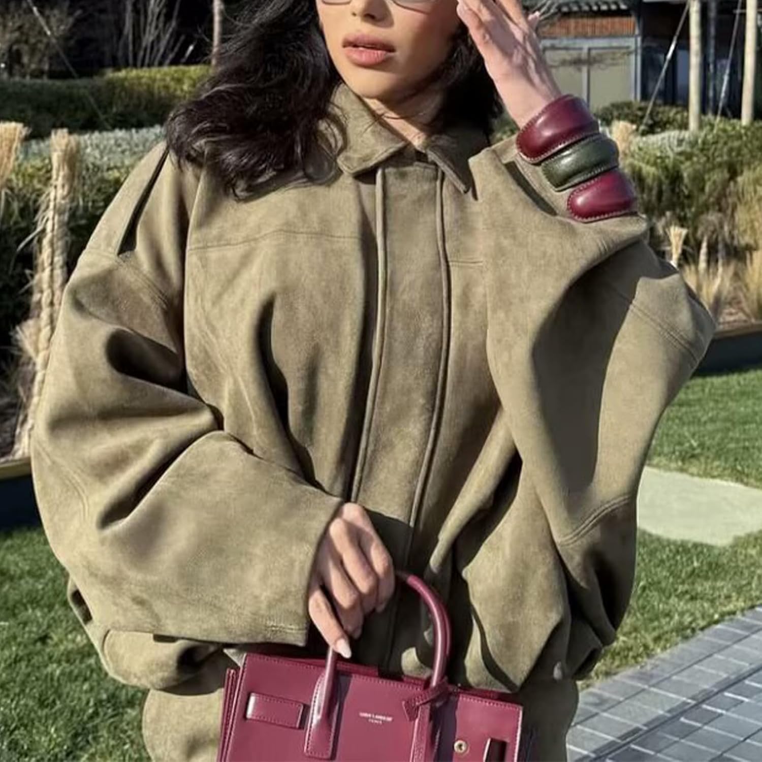 Faux Suede Jacket Women Oversized Long Sleeve Zip Up Epaulet Bomber Leather Jackets Oversized Casual Coat - Image 2