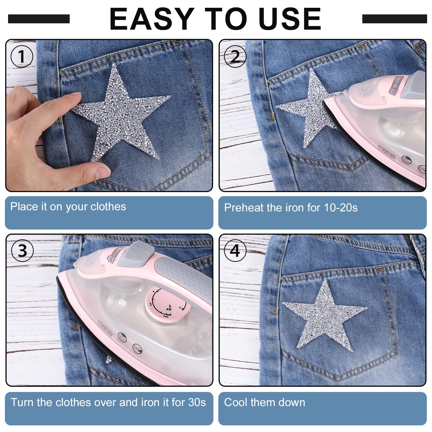 24 Toppe Termoadesive A Stella Con Strisc, In 5 Misure, Per Decorazione E Riparazione Di Abbigliamento, Jeans, Borse - Colore Argento