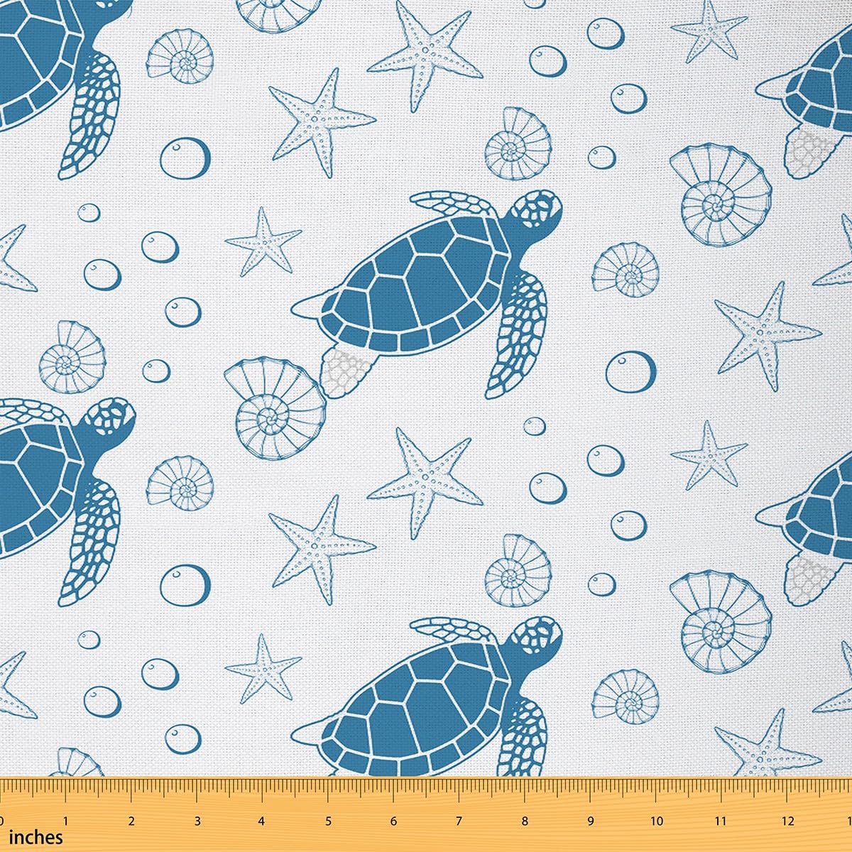 Turtle Pattern Waterproof Fabric by The Yard Starfish Conch Coastal Ocean Animal Decor Fabric for Upholstery and Home DIY Projects Retro Blue Geometric Sea Creature Outdoor Upholstery Fabric,1 Yard