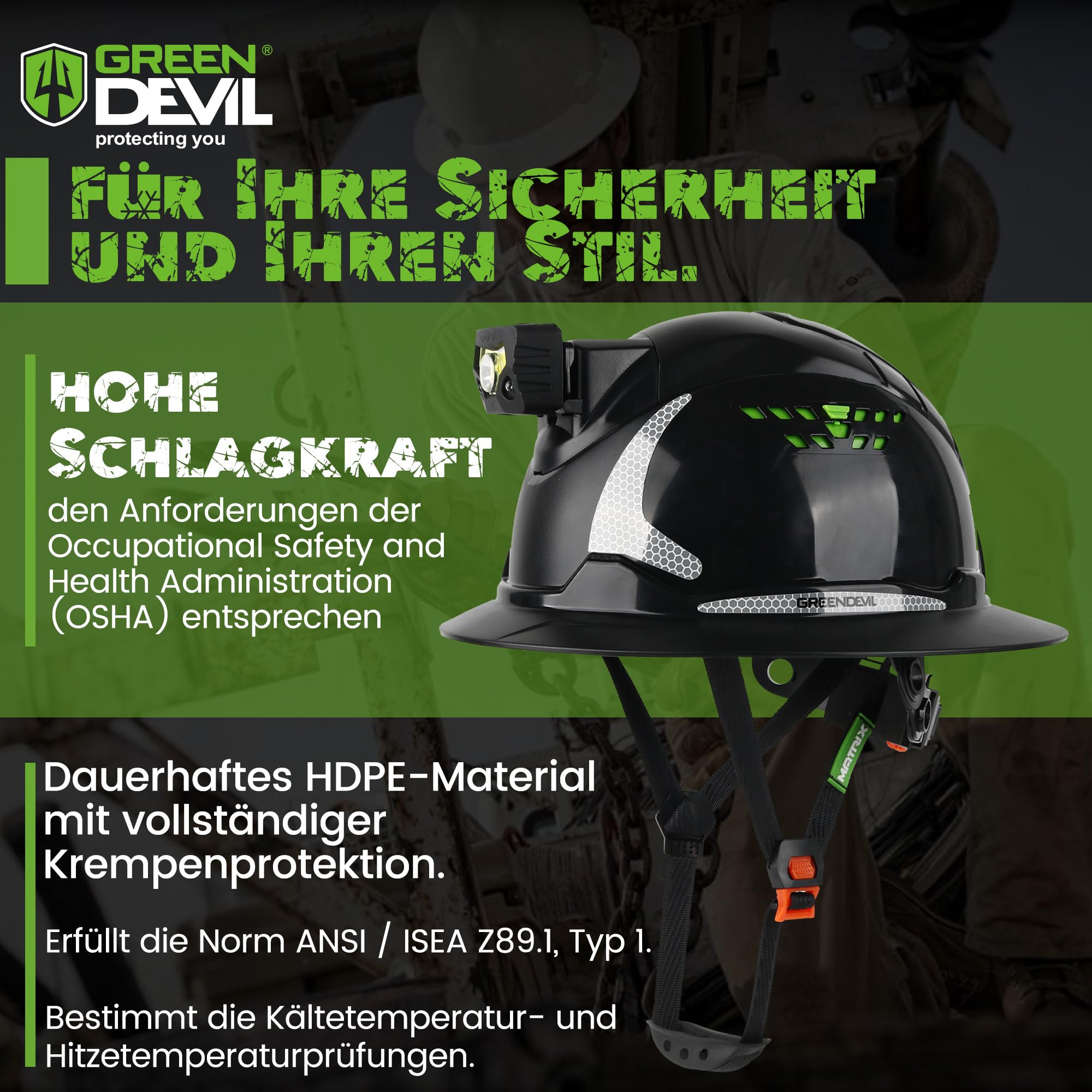 GREEN DEVIL Matrix Full Brim kask ochronny EN 397 – kask ochronny z wentylacją, latarka czołowa LED (IPX5), system 6-punktowy i regulowana wyściółka wewnętrzna – idealny do budownictwa, przemysłu,