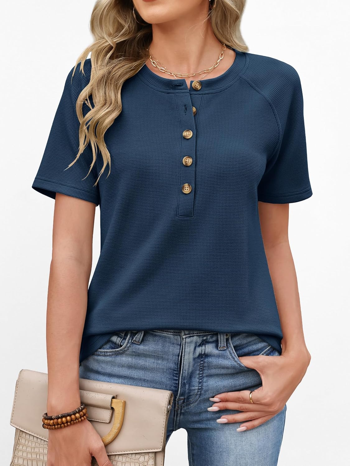 ANRABESS Women Waffle Knit Tops Short Sleeve Henley Shirts Dressy Casual Blouse 2026 Spring Fashion Outfits Trendy Clothes - Image 2