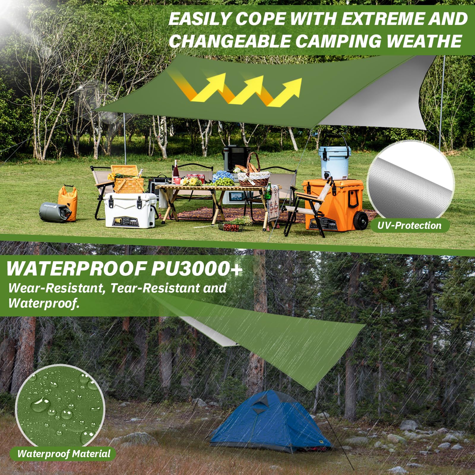 3x3M Camping Bâche, Bâche Anti-Pluie, Toile de Tente Imperméable Anti-UV, Léger Portable, avec Oeillets + Clou en Aluminium + Corde à Vent, Randonnée, Hamac, Extérieur