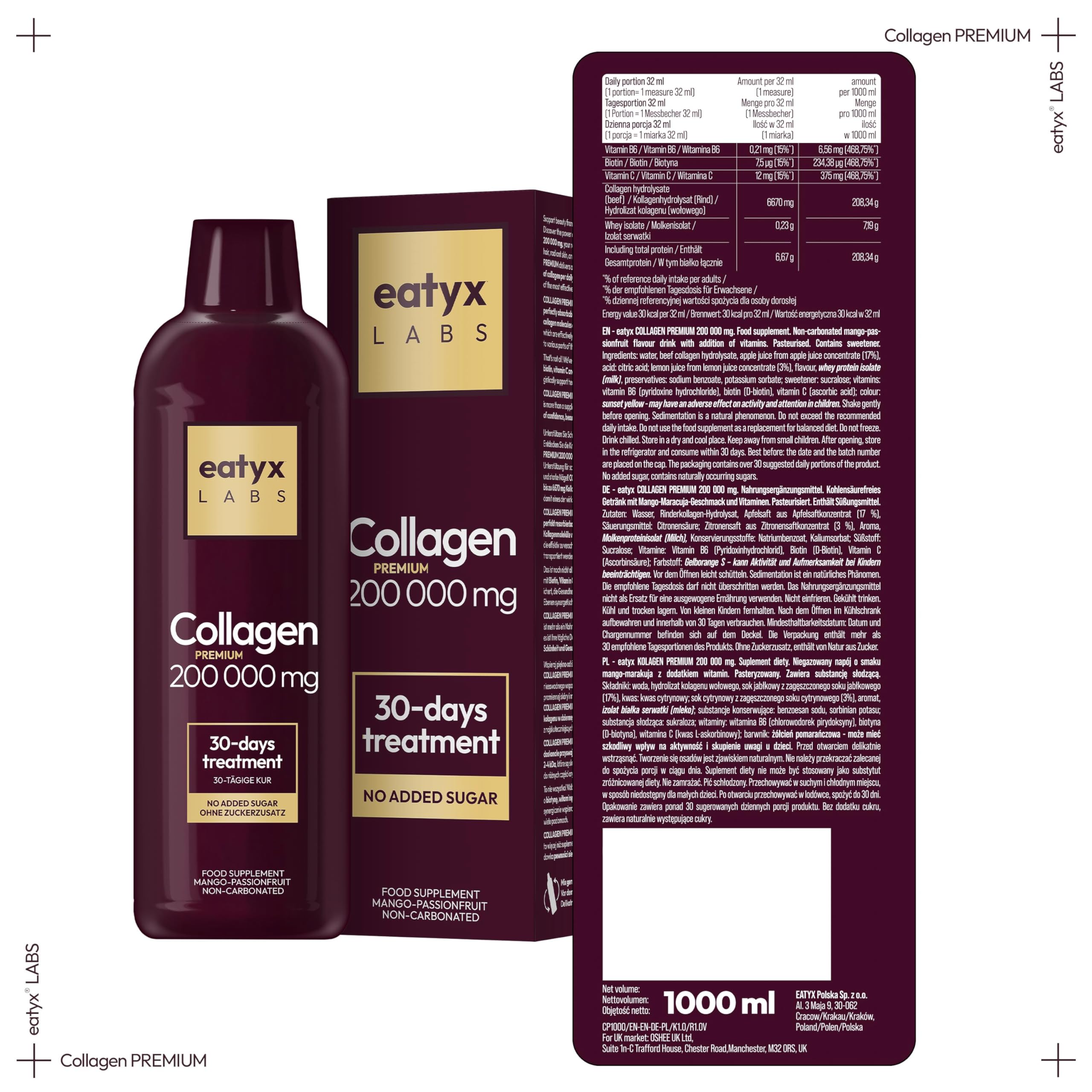eatyx LABS Collagen Premium 200 000 mg 1L – Wysokoskoncentrowany kolagen do picia z kwasem pantotenowym i witaminą C – Kolagen do picia dla skóry, włosów i paznokci – Smak mango-marakuja