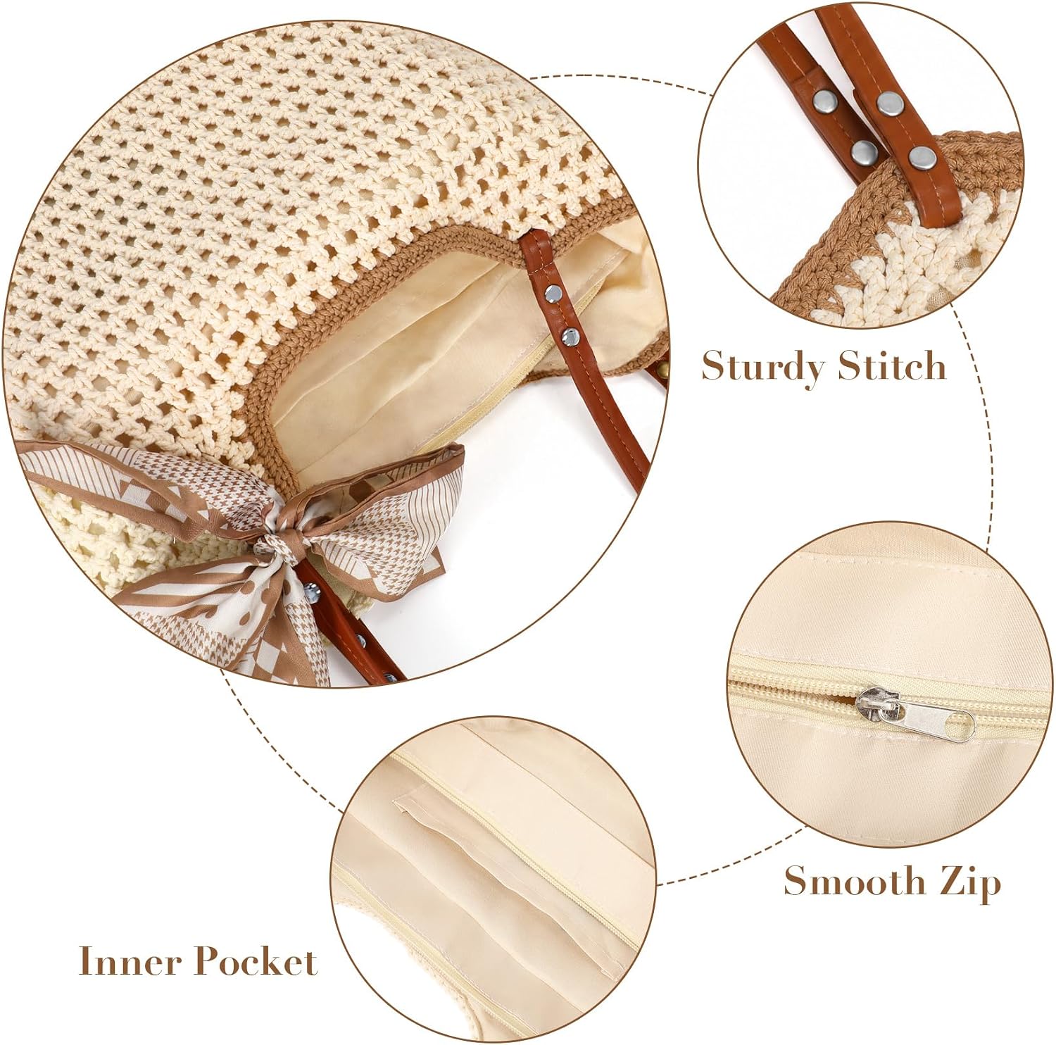 XZQTIVE Summer Khaki Beach Crochet Bags for Women Knit&Straw Woven Tote Soft Fabric Boho Shoulder Bag for Vacation Shopping