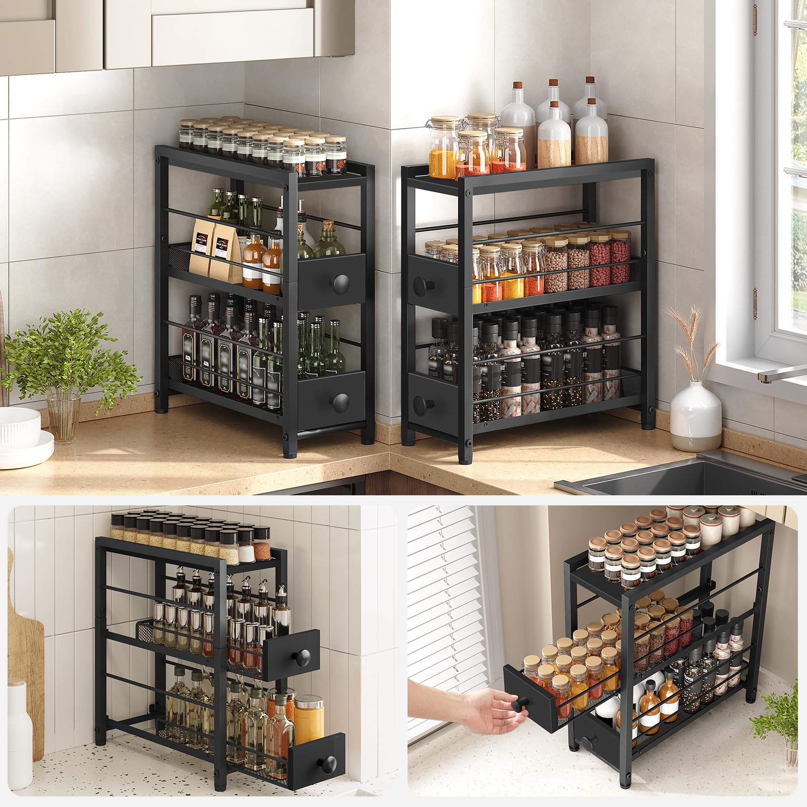 YATINEY Étagère à Épices à 3 Niveaux, Organisateur Étroit pour Plan de Travail de Cuisine avec 2 Tiroirs, Rangement Café avec Tiroirs Coulissants, pour Capsules de Café, XSR02BB