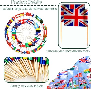 Small 50 Different World Toothpick Flags Little Cake Toppers for VJ Day Cakes Decorations,100pcs Mini Nations Flags On Cocktail Sticks for Sandwich Food Cupcake Toppers World Cup Pub Royal Event
